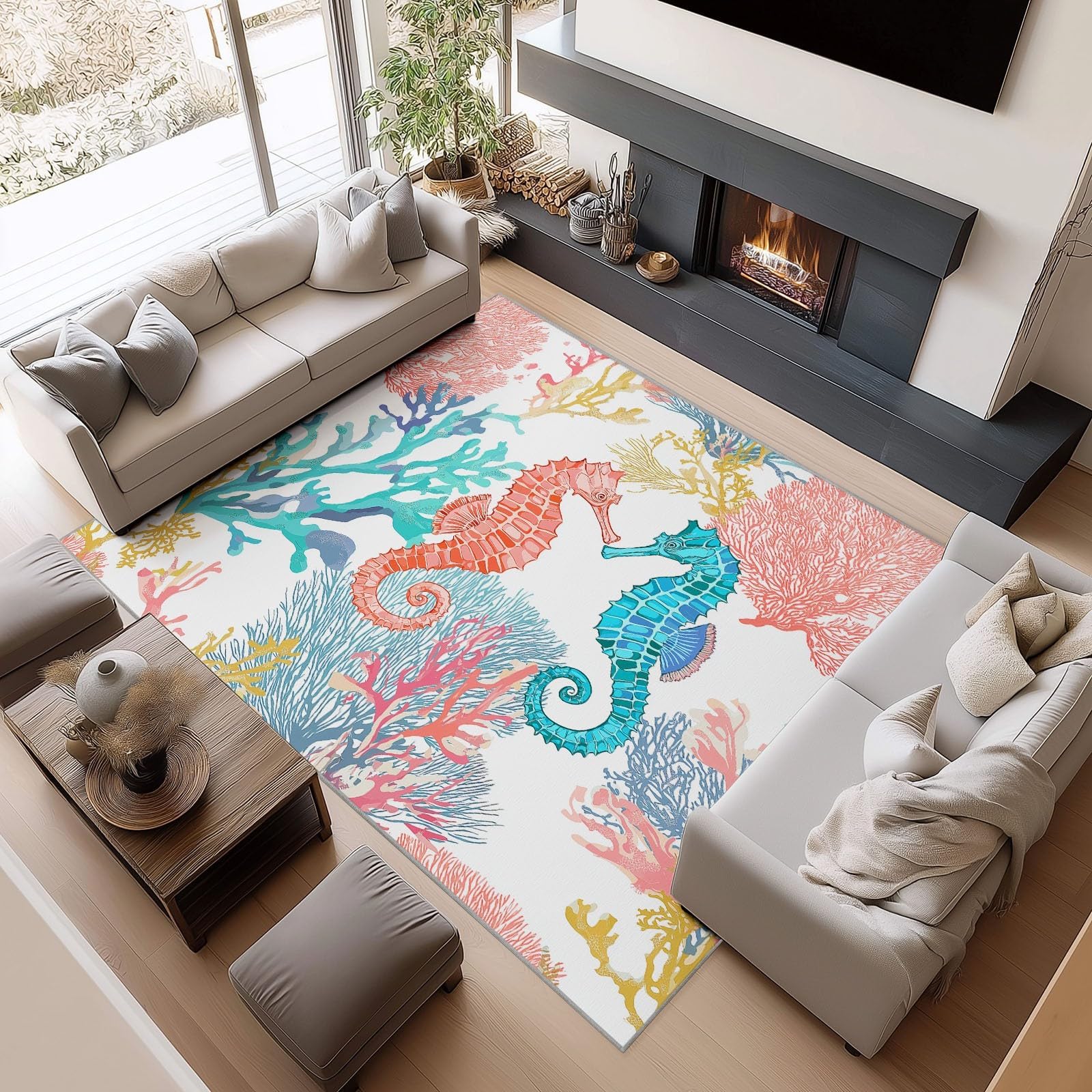 Tapis aquarelle hippocampe grand format pour salon et chambre parentale
