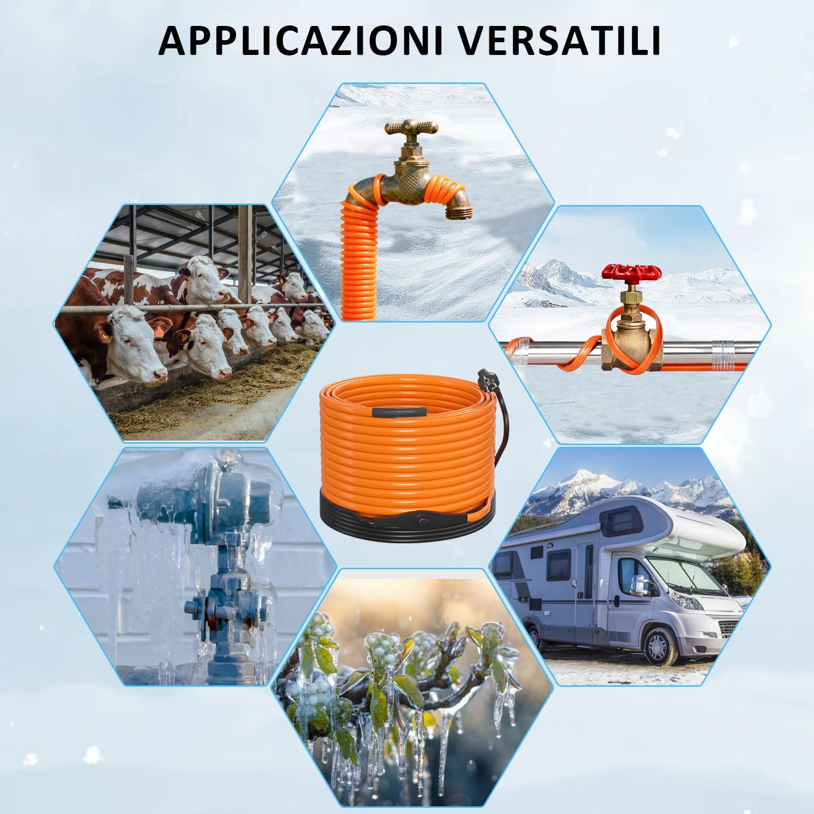Cavo Riscaldante con Termostato 12m Cavo Riscaldante 25 W/m Autorregolante Serpentina Riscaldante con Termostato IPX7 Impermeabile Cavo Scaldante per Tubazioni Piante Grondaie Protezione Antigel