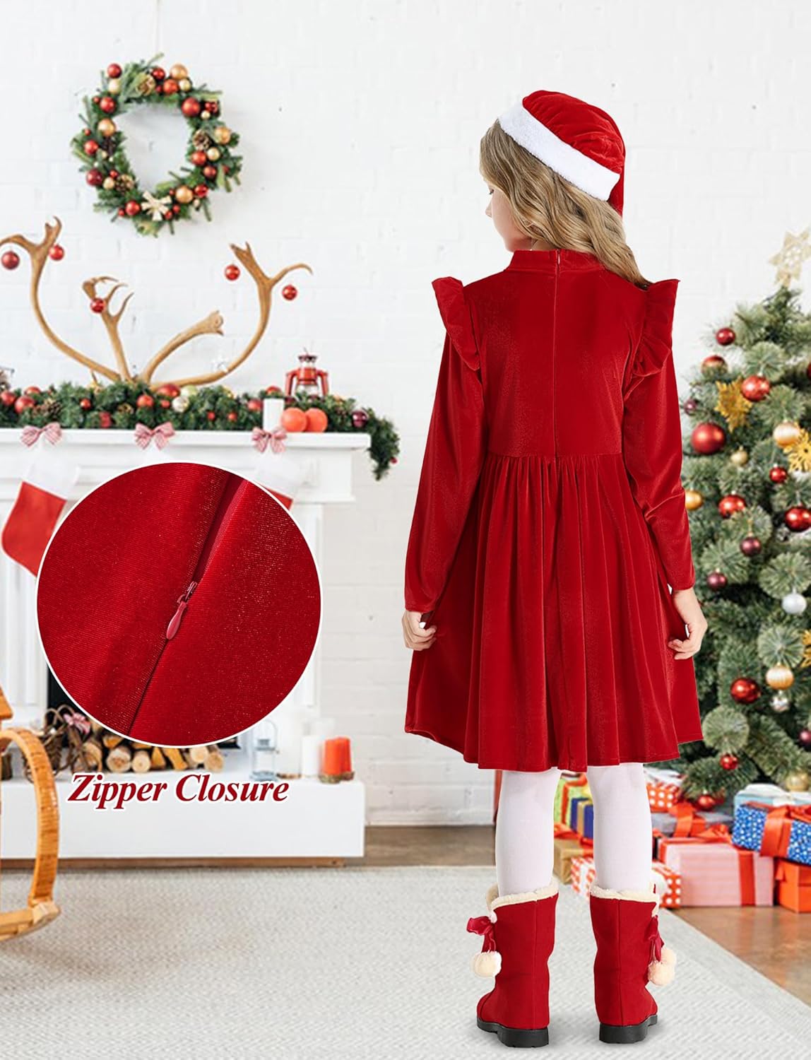 Happy Cherry Girls Christmas Dress Long Sleeve A Line Contrast Mesh Velvet Dresses Princess Birthday Party Dress - Image 4