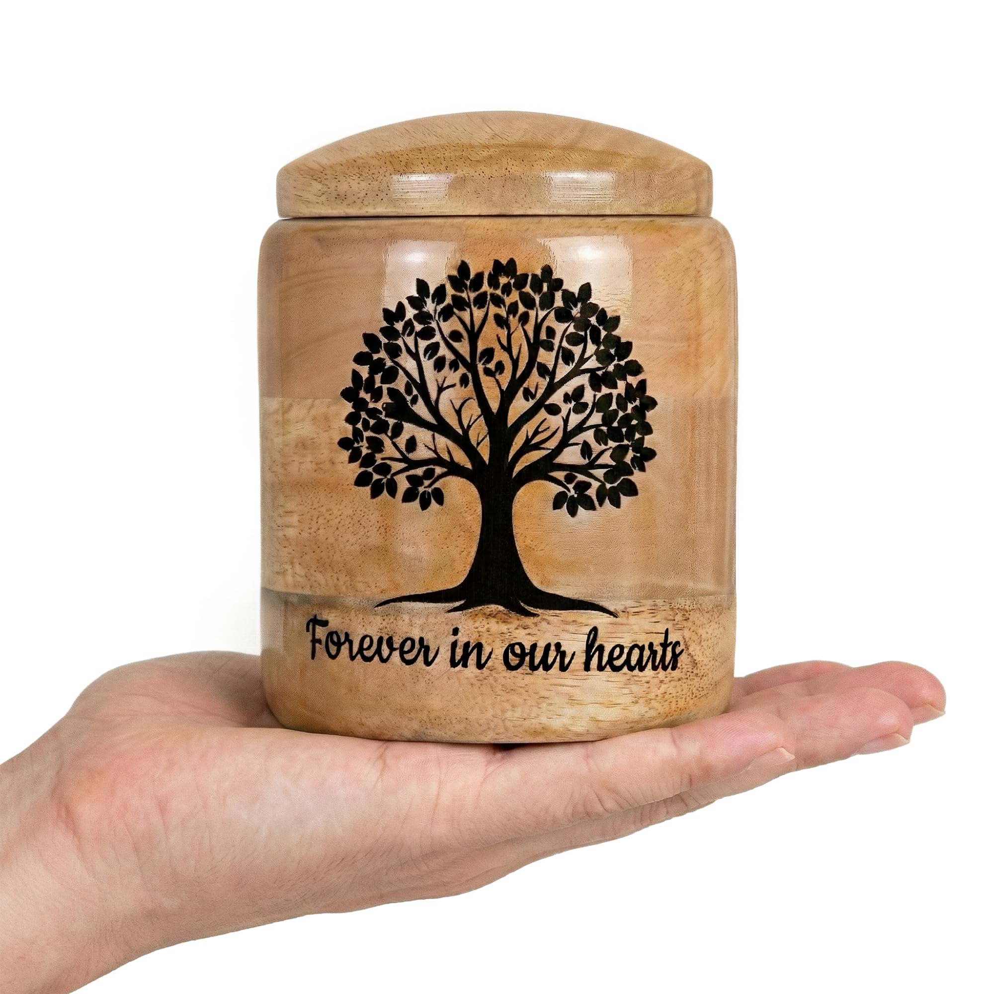 Small Wooden Cremation Urn for Ashes – 20 Cubic Inch Tree of Life Engraved Keepsake Urn, Natural Wood, Memorial for Pet or Small Remains