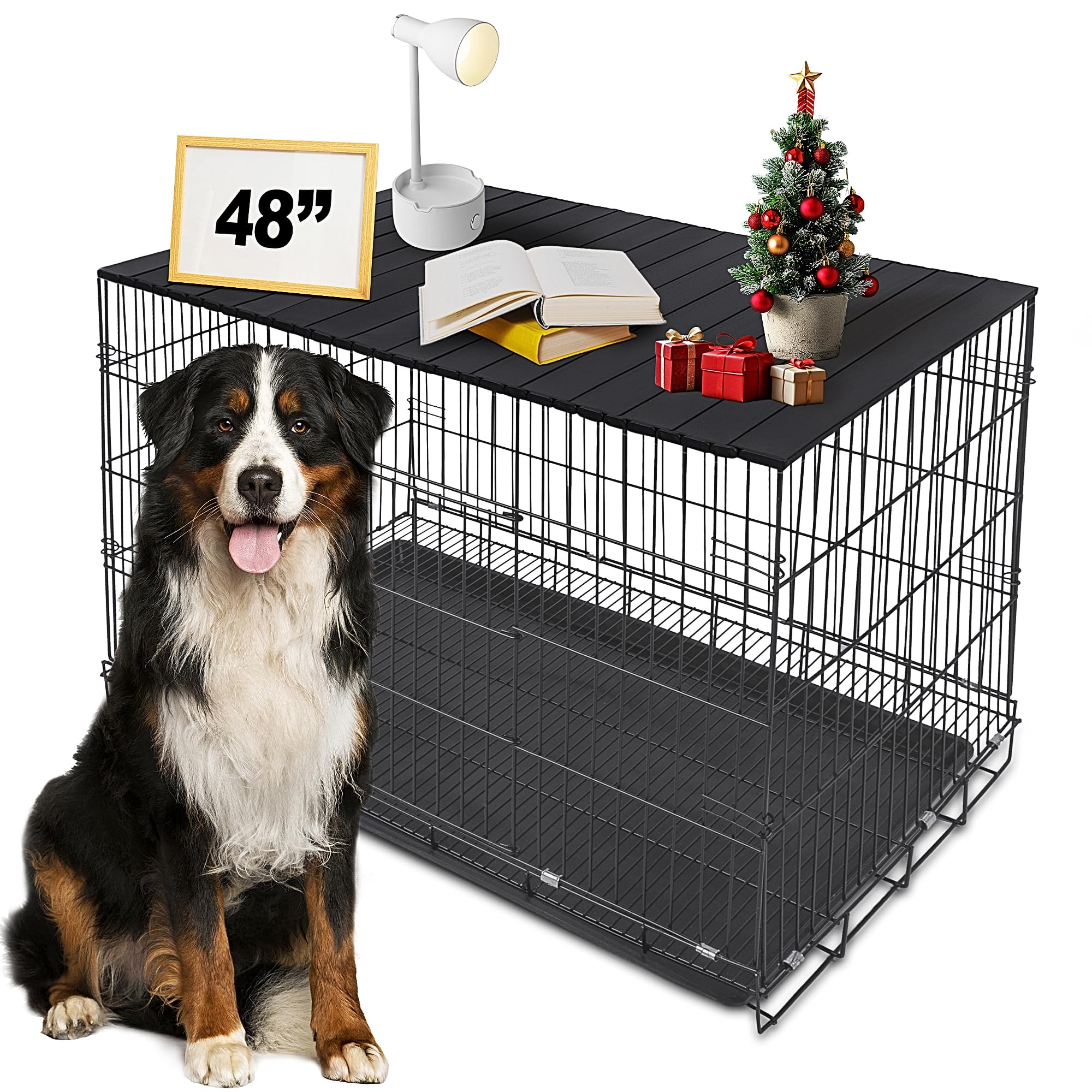 Petmystify Dog Crate Topper with Magnets for 48 Inch Crate - Aluminum Foldable Dog Kennel Topper Decorative Storage Pet Crate Table Black (Only Topper)