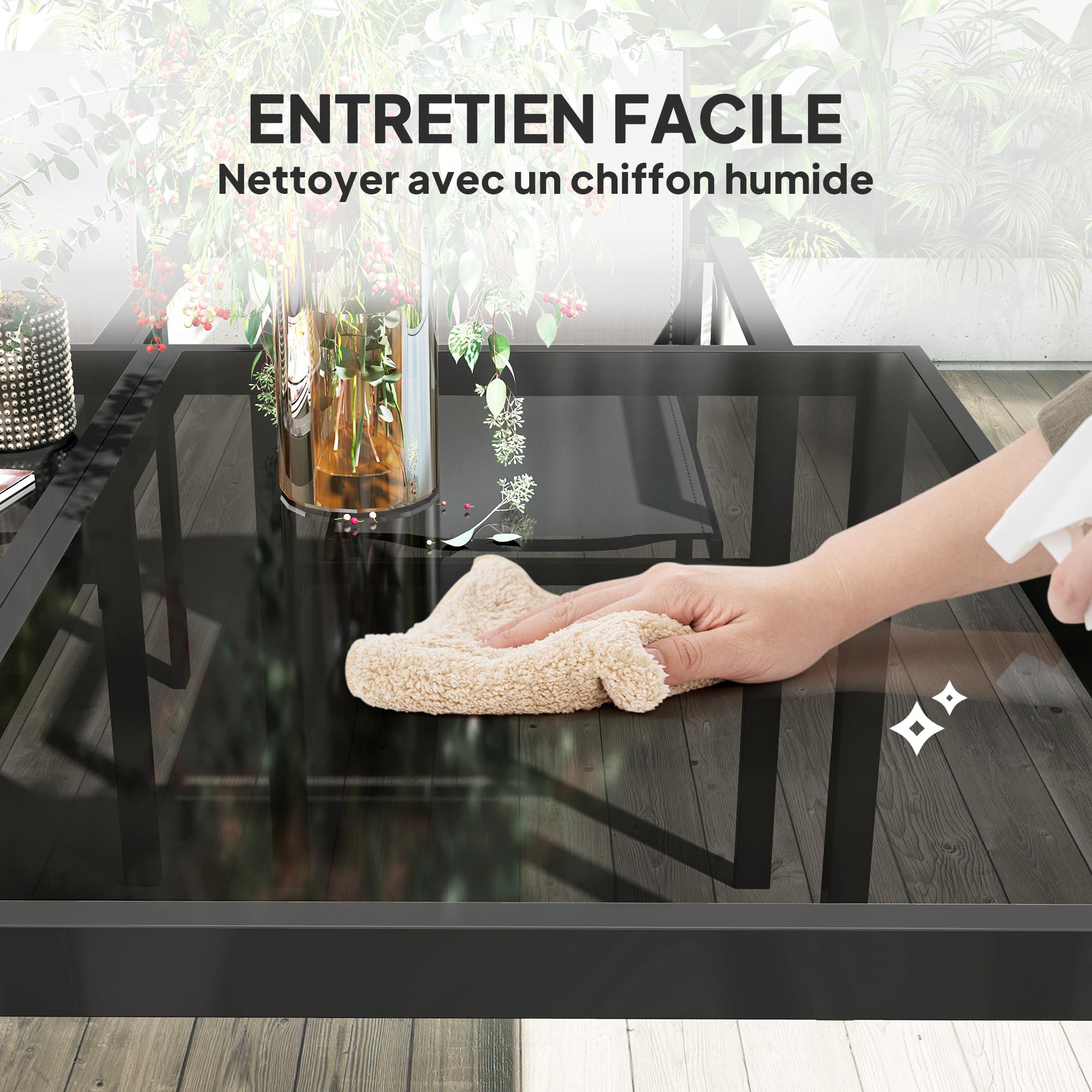 Outsunny Salon de Jardin extérieur 4 Personnes, Table de Jardin extérieure avec 4 chaises empilables, Plateau en Verre trempé 140 cm, mobilier de Jardin, terrasse, Porche, Noir