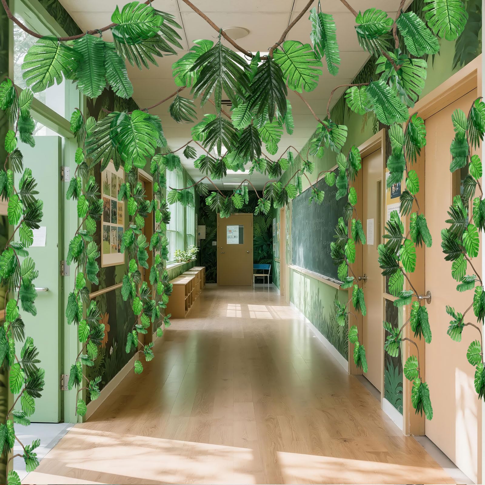 Preboun 2 Pcs 20ft Jungle Theme Party Decorations Tropical Rainforest Leaves Safari Artificial Rattan Decorations with 100 Pcs Fake Tropical Palm Leaves for Indoor Outdoor Forest Garden Party Decor