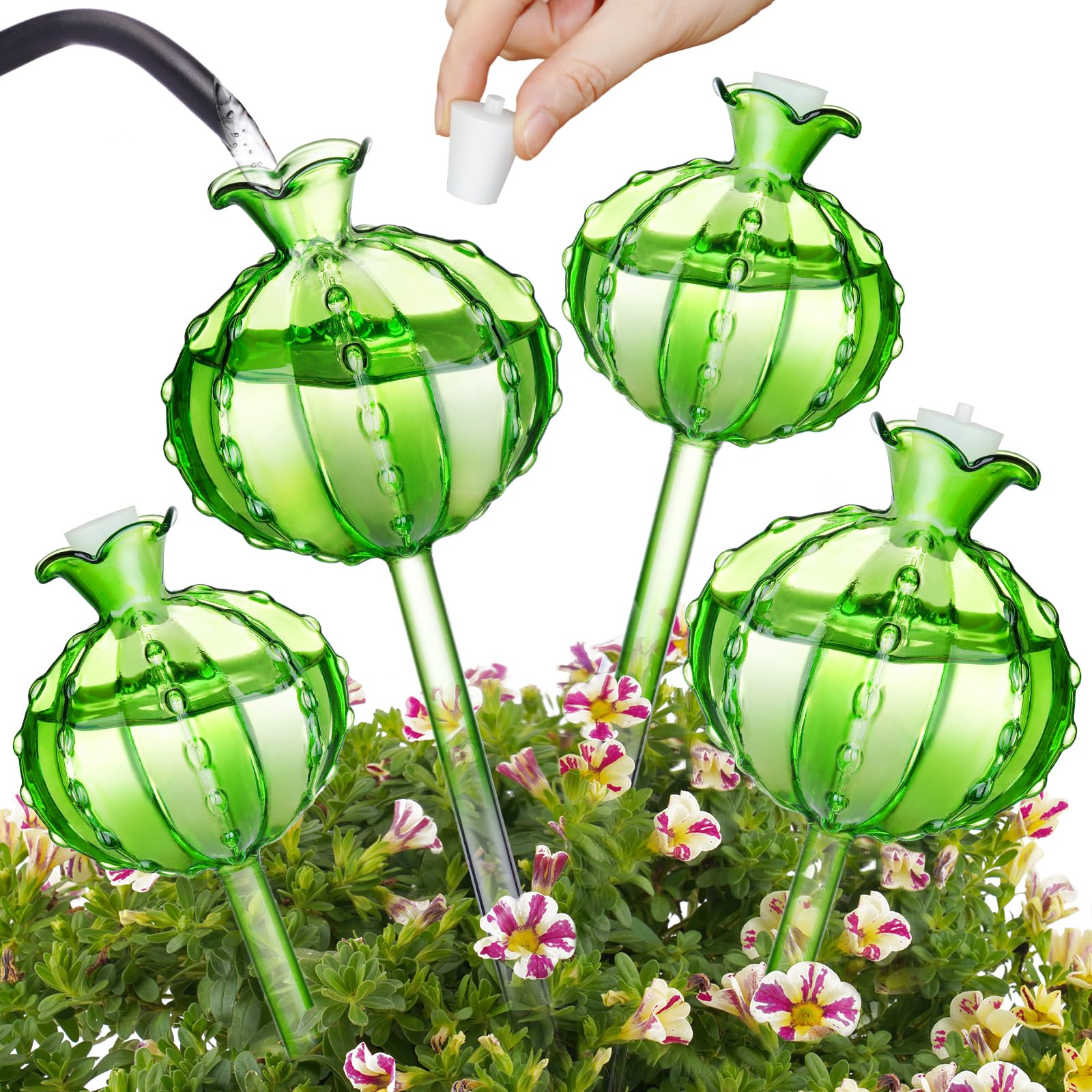 NiHome Confezione da 4 globi di irrigazione per piante in vetro, per piante in vaso, in vetro verde, per cactus, sistema di irrigazione automatico, mini sistema di irrigazione automatico, confezione
