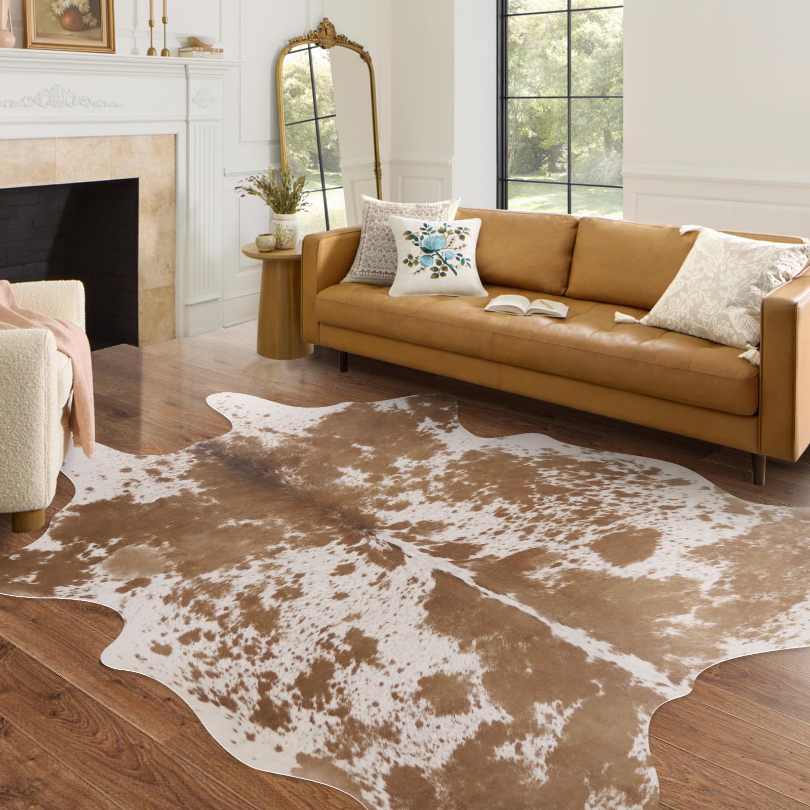 Faux Cowhide Rug 7.6x6.2 ft Cow Rug,Large Rustic Cow Hide Cowhide Rugs for Living Room Bedroom Dining Room Home Office Tan Animal Print Carpet-NO Fur
