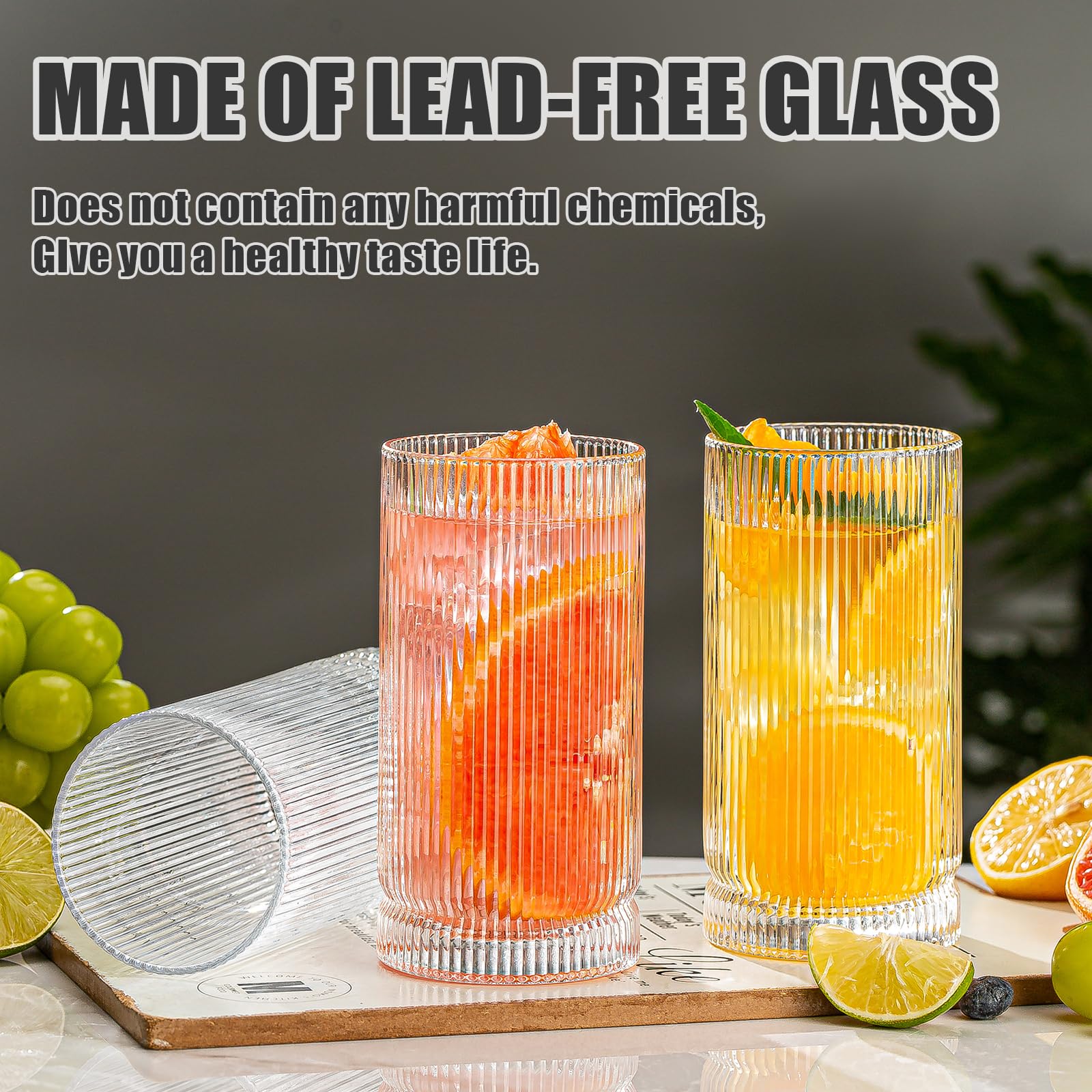 Trinkgläser, Set mit 8 Glasbechern im Origami-Stil, 4 Highball-Gläser, 425 ml und 4 Rocks-Gläser, 340 ml, Mojito-Becher, Cocktailglas, elegante geriffelte Vintage-Gläser für Cocktail, Bier