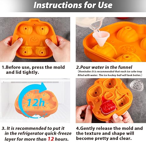 Miniatura 6 de Kamehame Molde para cubitos de hielo de calabaza de Halloween, molde de silicona 3D Jack O Lantern para cubitos de hielo con 1 embudo, divertida