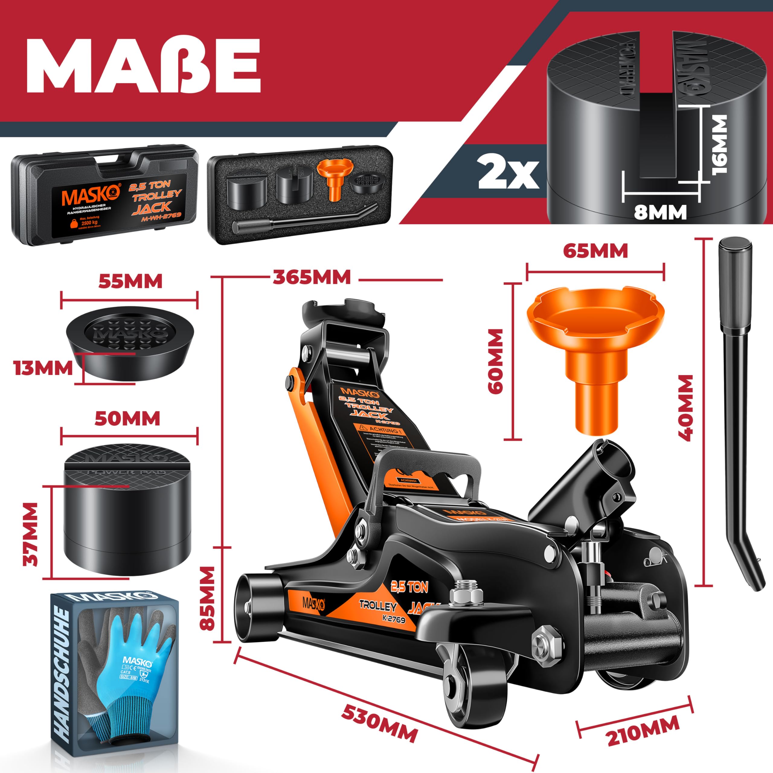 MASKO® Gato Hidráulico de elevación Plana + 2X Almohadilla de Goma + Guantes, Gato de elevación hidráulico 360° Rodillos Gato Hidraulico Caballete 2.5 Toneladas - Naranja