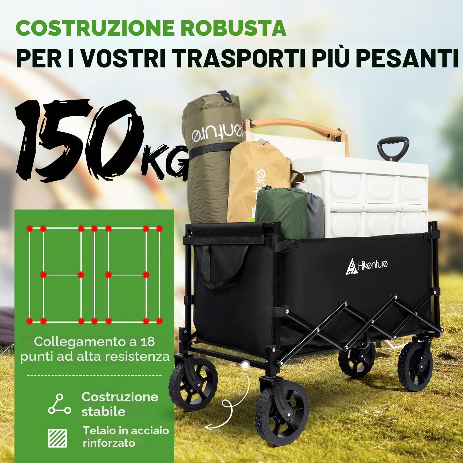 HIKENTURE Carrello pieghevole con Brema – 140 litri di volume e portata 150 kg, estremamente pieghevole, carrello per la spesa, per spiaggia, campeggio, shopping