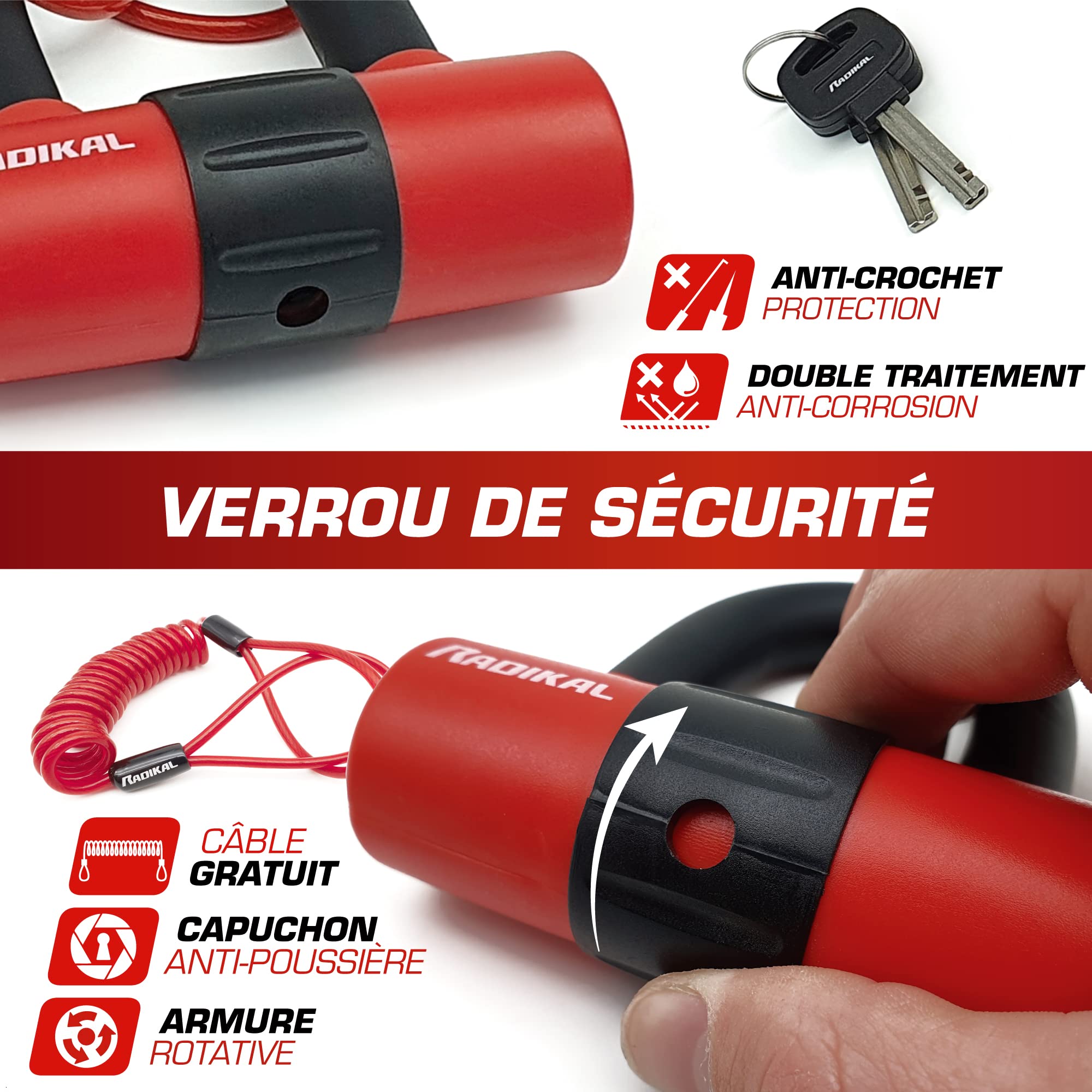 RADIKAL RK72120L Bloque Disque Mini U, Chaîne Moto Antivol, ø10mm 120cm, Boucle, Chaine Antivol Acier Cémenté, Boucle, Ancrage Parking, Verrouillage Sécurité Scooter, Blocage Vélo Électrique