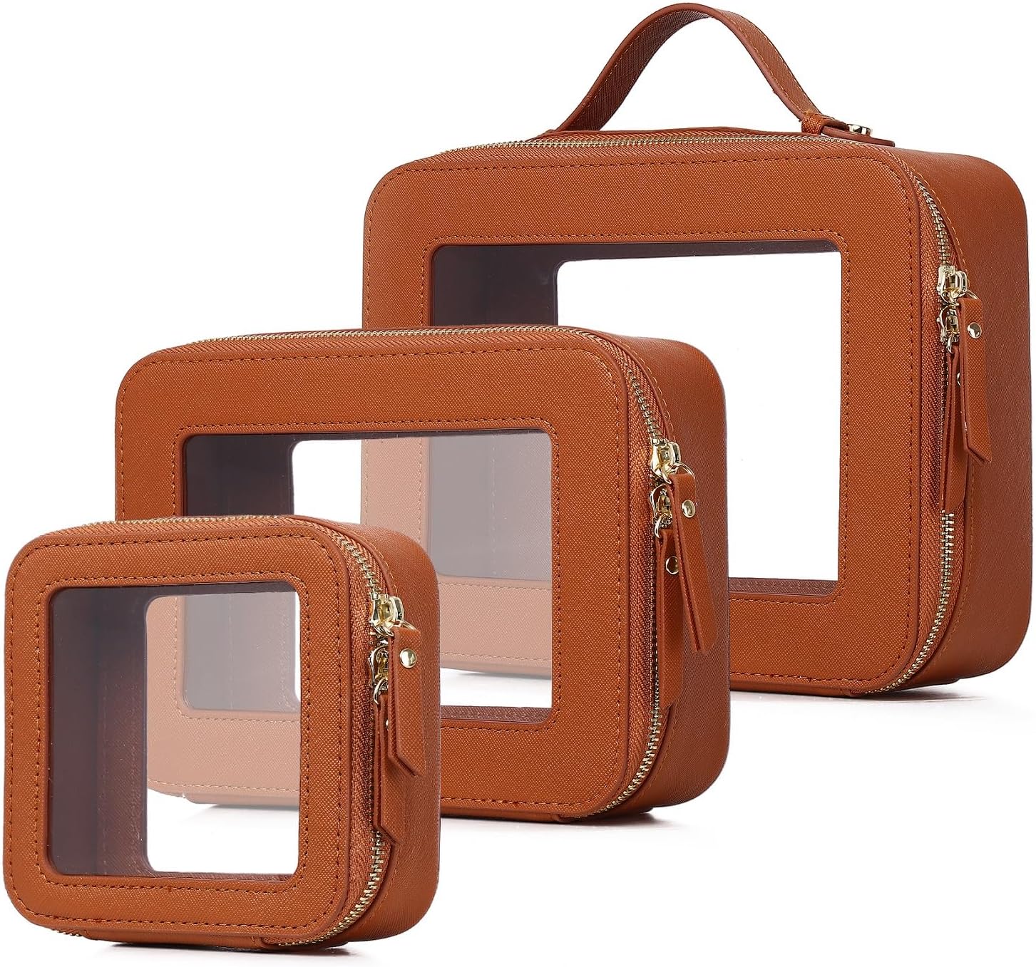 Pinkmik Clear Makeup Bag Waterproof Travel Case for Cosmetics and Toiletries Women's Purse Organizer and Clear Car Bag with Zipper (X/Brown, L+M+MINI)