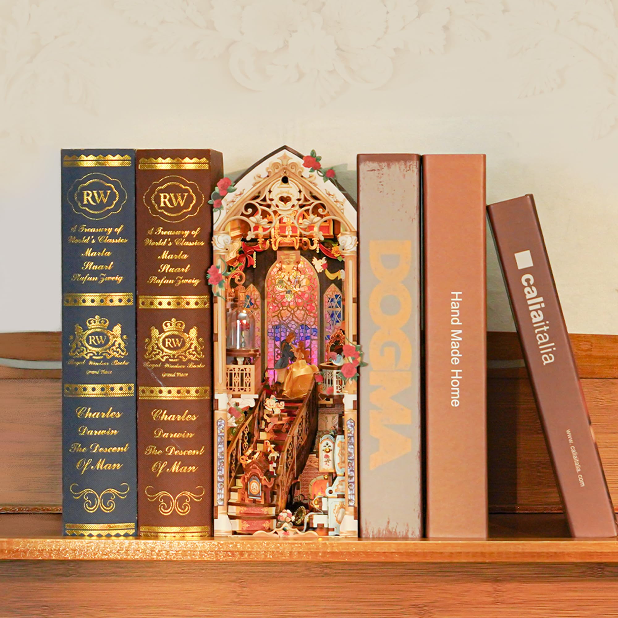 Tonecheer Book Nook Kit fai da te per adulti, puzzle 3D in legno, fermalibri in miniatura, decorazione per libreria, con copertura antipolvere e luci a LED, idea regalo (bestia e bellezza)