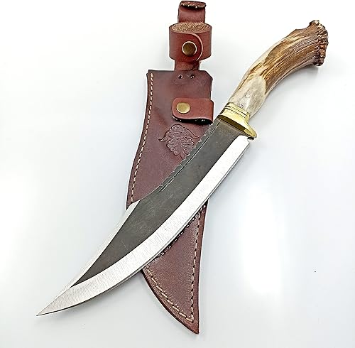 yatagan Cuchillo de caza hecho a mano con mango de asta de ciervo con funda de cuero, arco de hoja fija de espiga completa, para supervivencia al