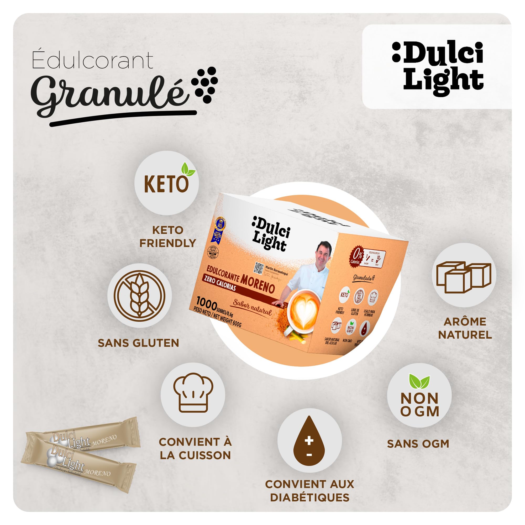 Dulcilight Édulcorant Roux Zero Calorie 1000 Buchettes 1g=10g de Sucre Brun Substitut de Sucre de Canne Muscovado Granulé aux Fibres 100% Saveur Naturelle No OGM Keto Sans Gluten Végétalien