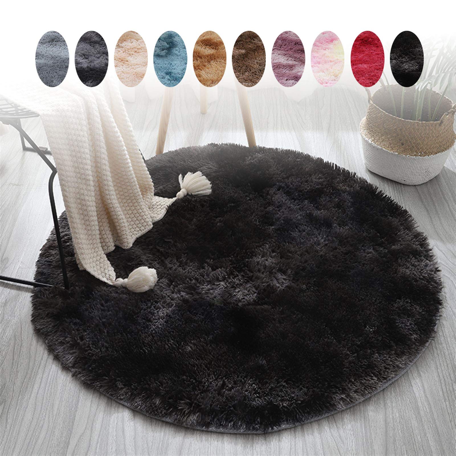 Dark Grey Round Circle Plain Modern Shaggy Rugs Mats Circular Thick Soft RugBedroom Carpet Super Soft Modern Circular Living Room Area Rugs Home Cozy Shaggy Carpets,Black,120cm/3.9'