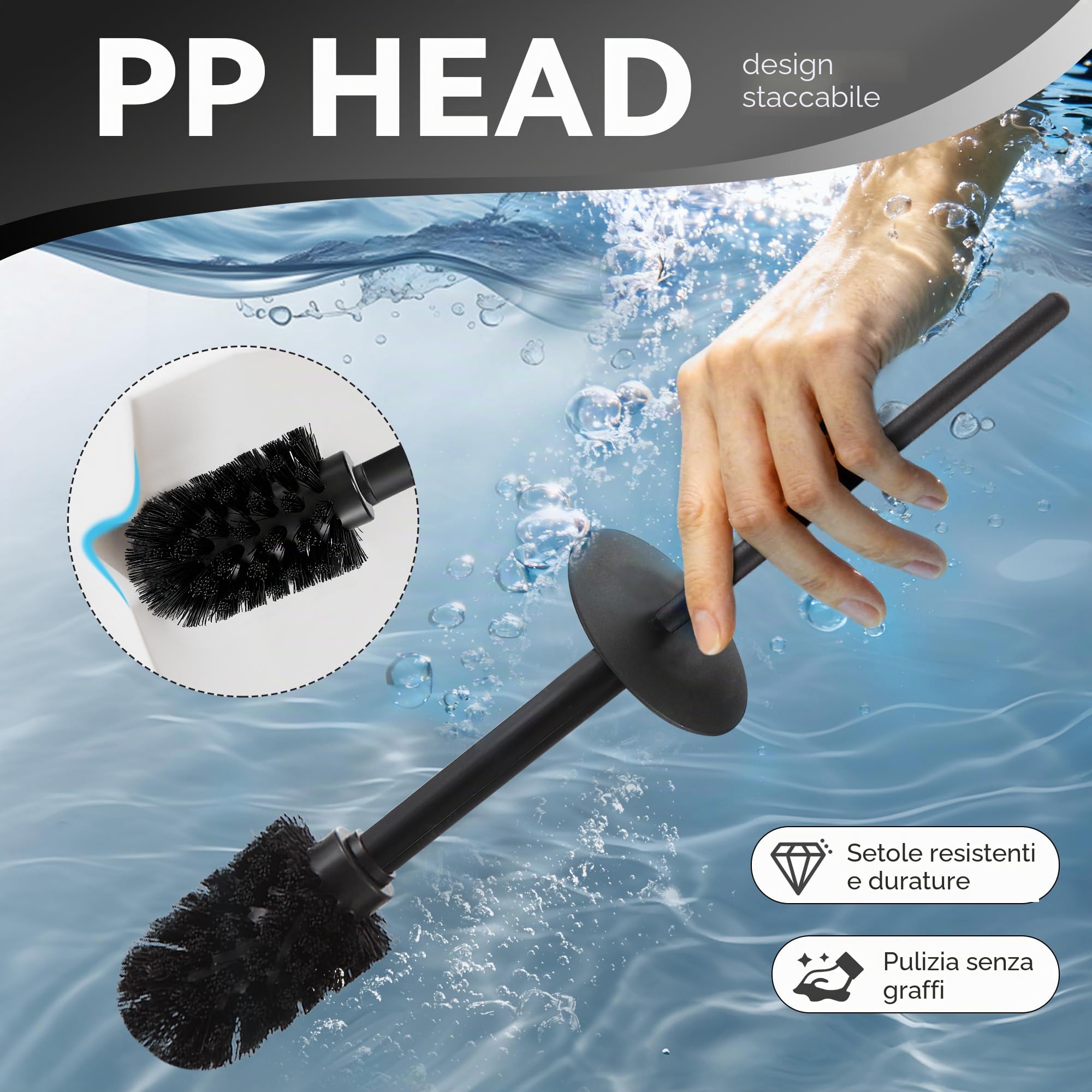 DAZI Portar carta igienica con scopino WC e pattumiera, Set 3-in-1 in acciaio inox, 2 testine di ricambio Silicone e PP, portarotolo e scopino ideale per Casa e WC degli Ospiti. (Nero opaco)