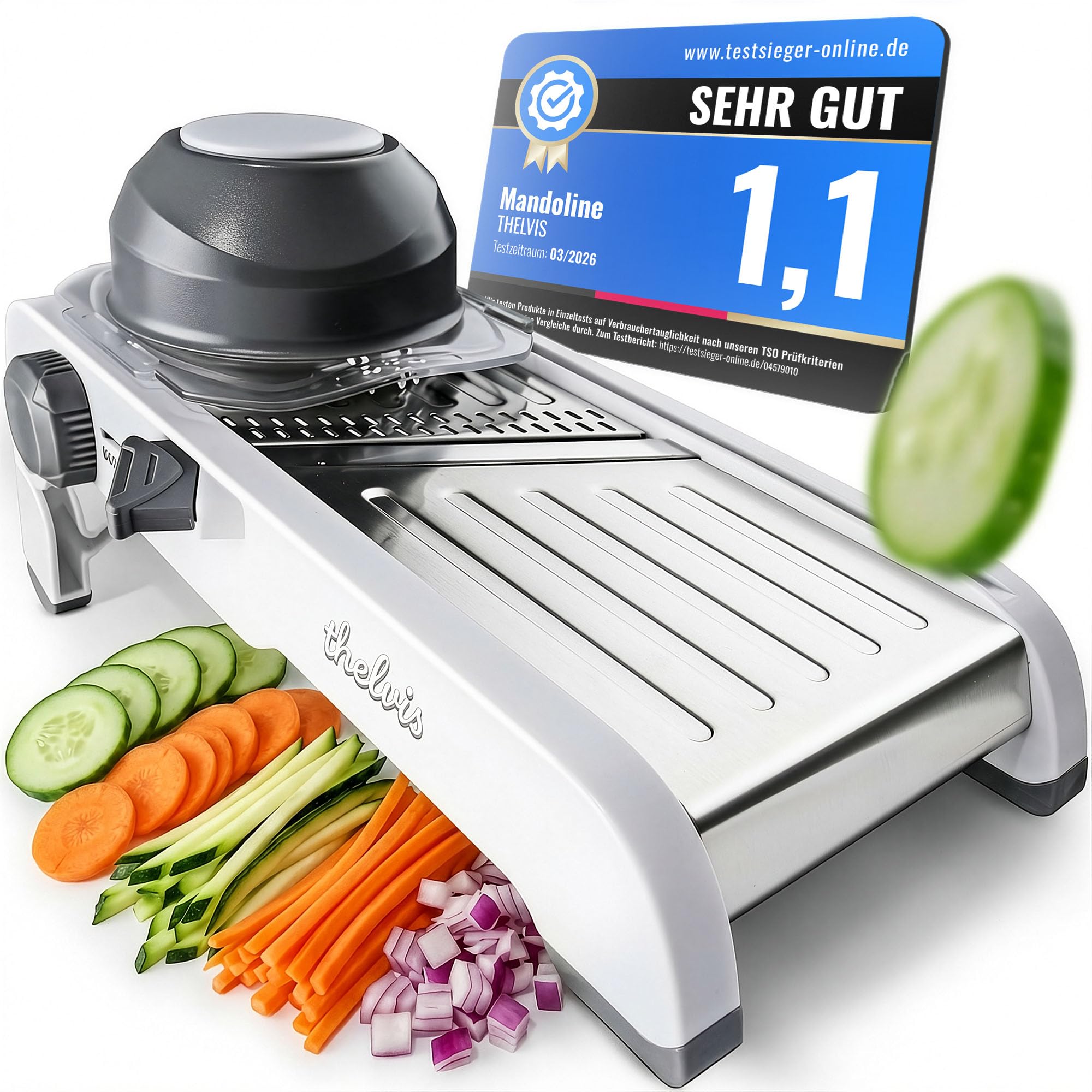 Premium Mandoline Gemüsehobel Edelstahl | kein Klingenwechsel | sicher und modern | Gemüseschneider manuell | Julienneschneider | Gurkenhobel dünne Scheiben | vegetable slicer | Küchenhobel