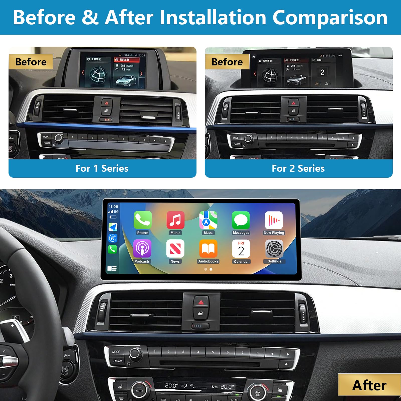 Radio samochodowe 12,3'', CarPlay/Android Auto/Mirrorlink dla BMW EVO 1/2 Series F20/F21 (2017-2019) F23 Convertible (2017-2019) Radio samochodowe z ekranem dotykowym, nawigacja do samochodu