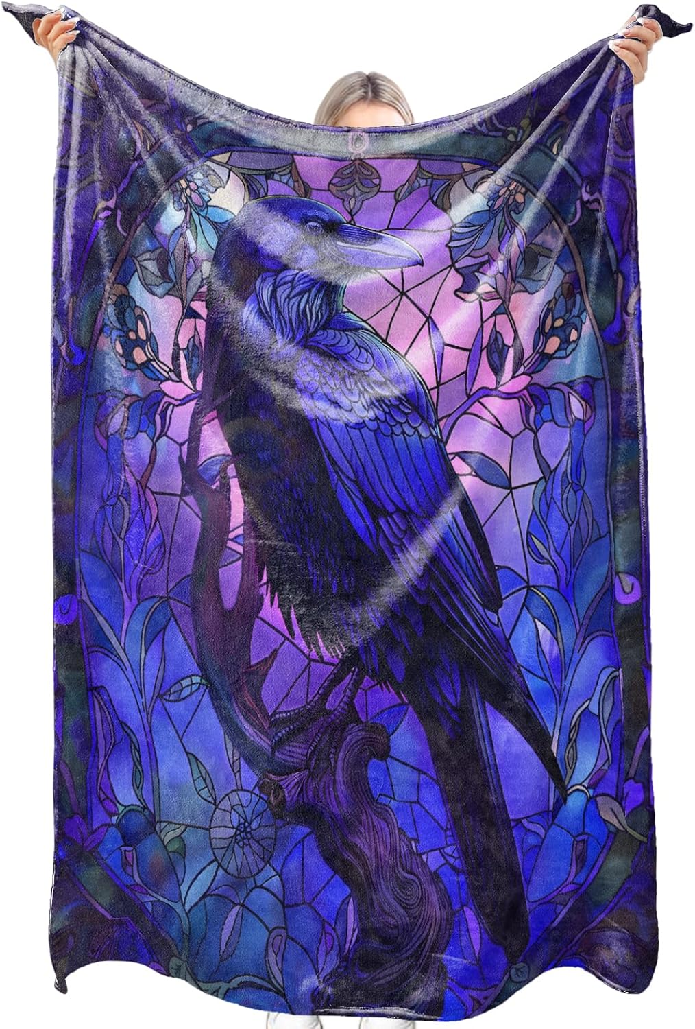 Gothic Blue Raven Flannel Blanket Stained Glass Mysterious Purple Floral Throw Blankets Lightweight Soft for Party Chair Bed Sofa Camping Travel,Home Goth Decor,Gifts Women,50x60in