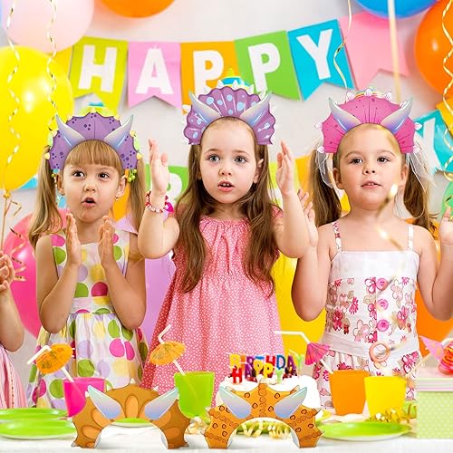 Miniatura 6 de Sinmoe 32 sombreros de fiesta de dinosaurios, suministros de fiesta de cumpleaños de dinosaurio, sombreros de dinosaurio de papel, corona, tiara de