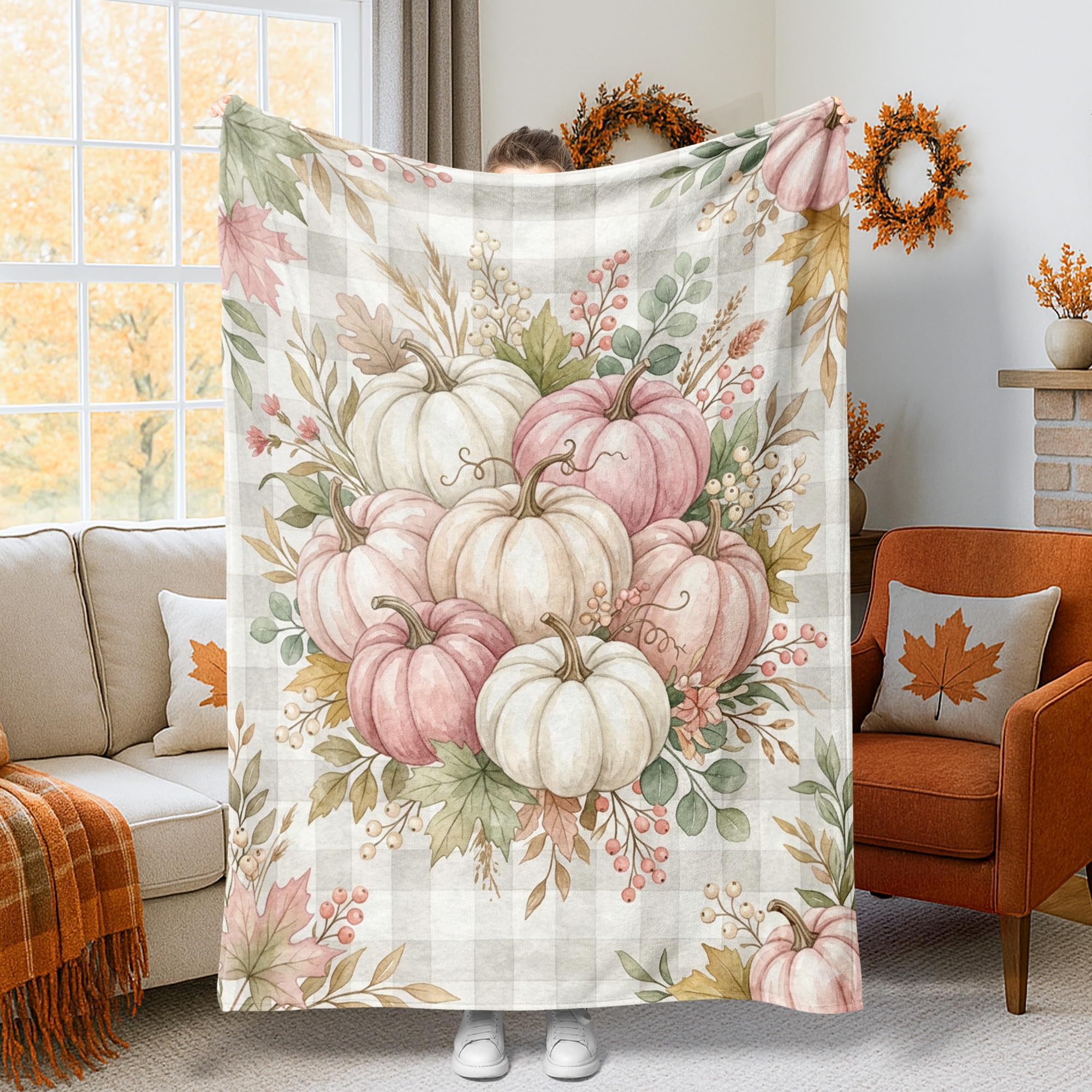 Couverture flanelle légère et chaude à motif citrouilles et baies d'automne