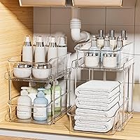 Delamu 2-Pack 2-Tier Stackable Under Sink Organizers, Clear Pull-Out Bathroom Kitchen Pantry Storage with Dividers