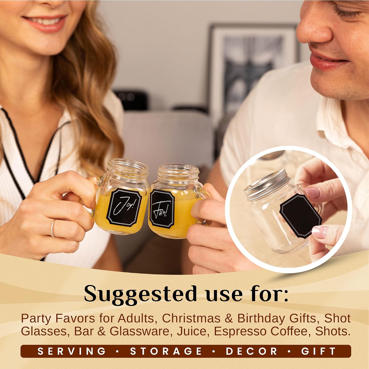 2.5oz Small Mason Jars with Handles, Stainless Steel Lids & Labels -10 pack
