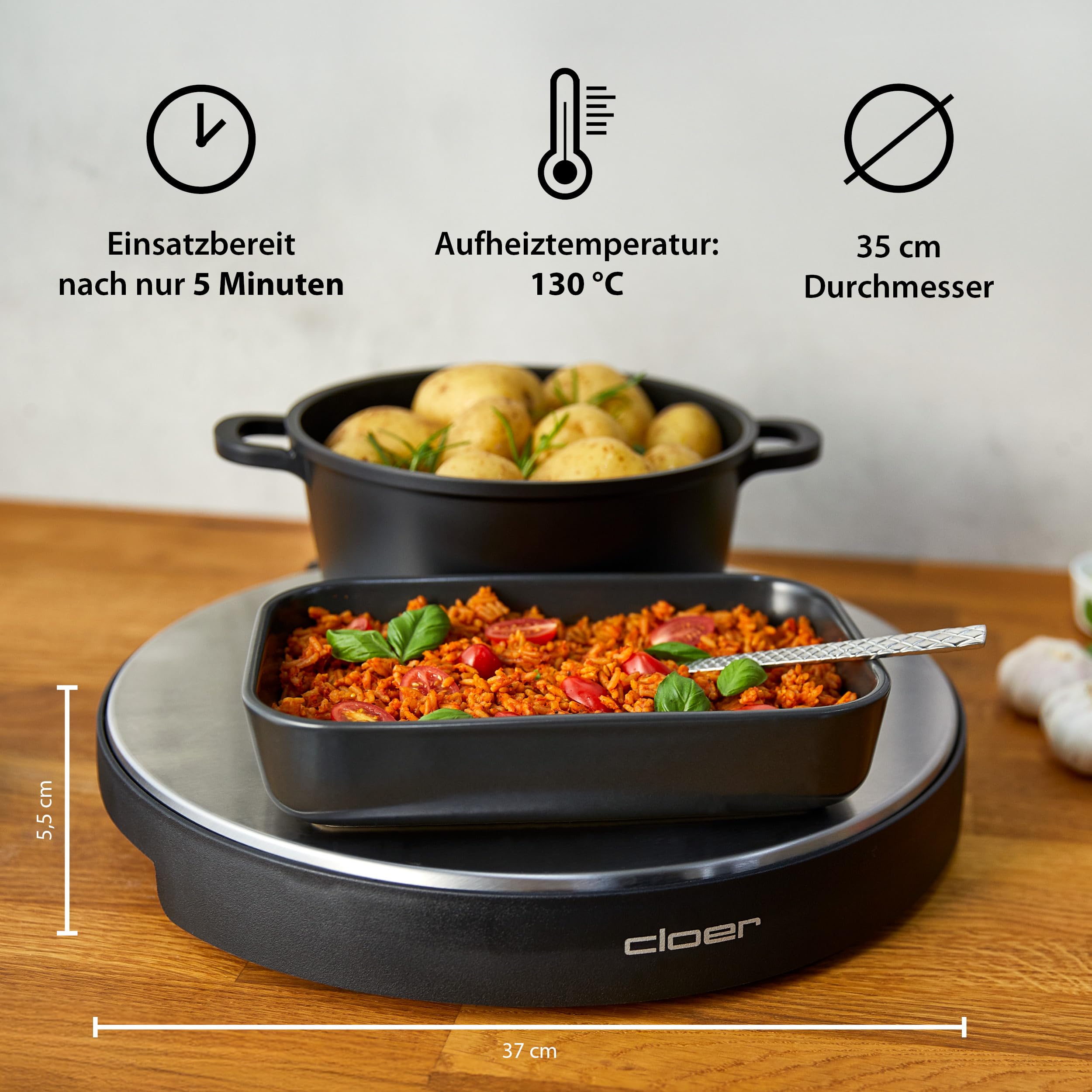 Cloer 6718 Warmhalteplatte 1000 W Edelstahl 35 cm Ø kabellos bis 130 °C schwarz