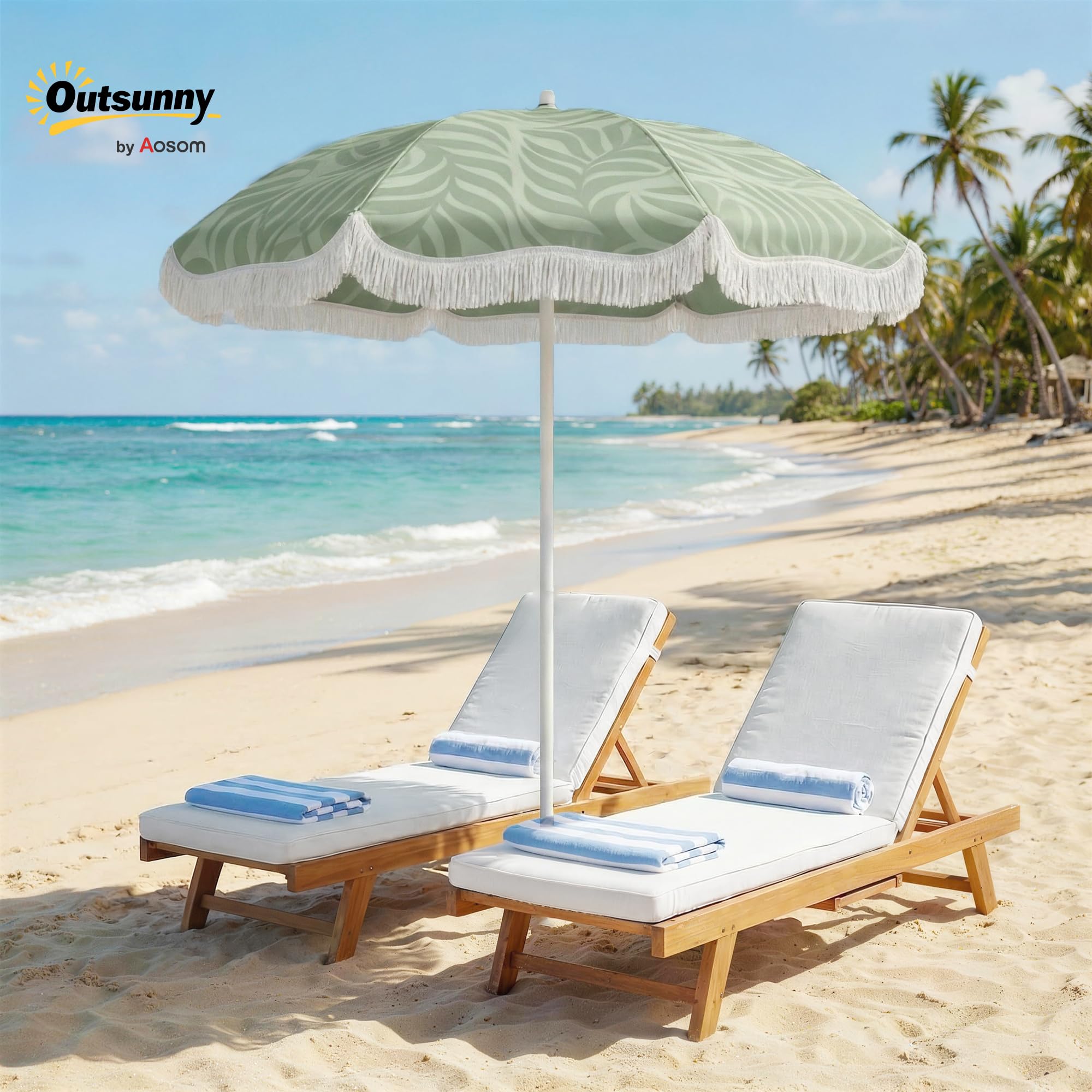 Outsunny Sombrilla de Playa con Flecos Ø180 cm con Inclinación Verde | Sombrilla de Terraza Exterior, Altura Ajustable, Anclaje Arena, Bolsa de Transporte, UPF30+, Estampado de Hojas