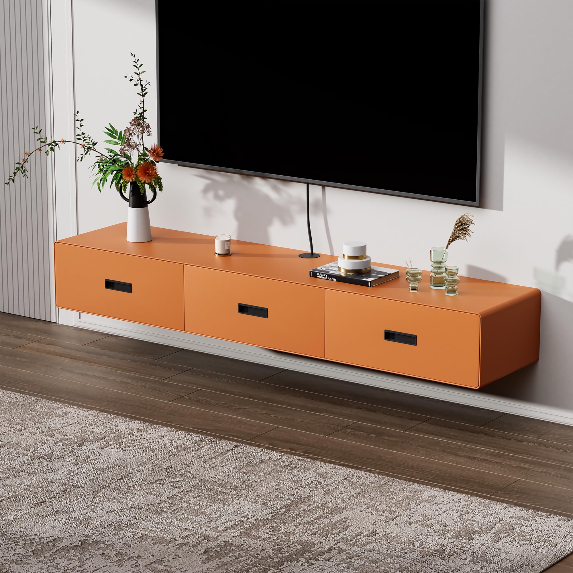 VICITON Floating TV Stand, Modern Wall Mounted Entertainment Center with 3 Drawers for Living Room Media Console (Orange, 63") Orange 63"