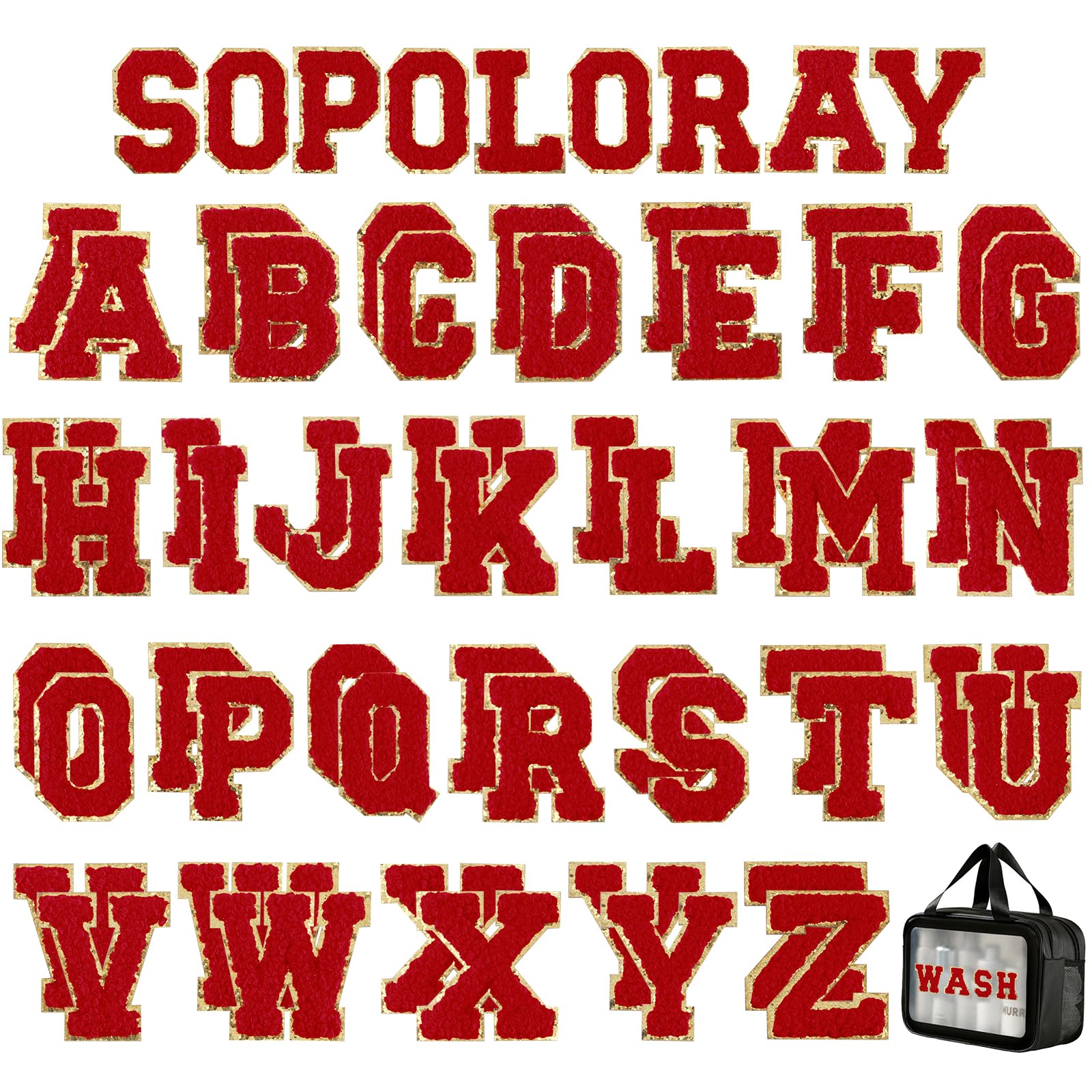 52 Pcs Self-Adhesive Chenille Letter Patches A to Z, Red Iron-On Alphabet Applique Stickers for DIY Clothing, Backpacks, Hats, Shoes, Jackets & CraftsApplique