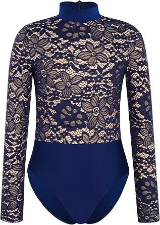 Kids Gymnastics Leotard for Girls Lace Patchwork Mock Neck Long Sleeve Bodysuit for Ballet Dance Performance