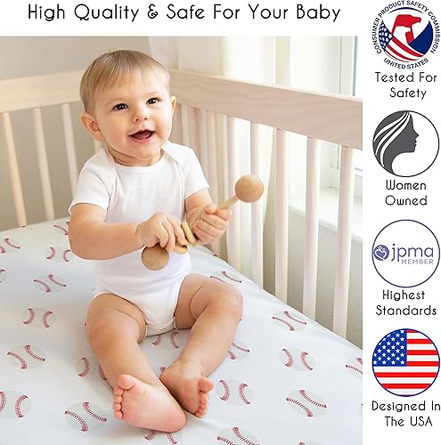 Miniatura 3 de Sweet Jojo Designs Parche de béisbol rojo y blanco juego de sábanas bajeras para cuna para bebé bebé suave para recién nacidos se adapta a colchón