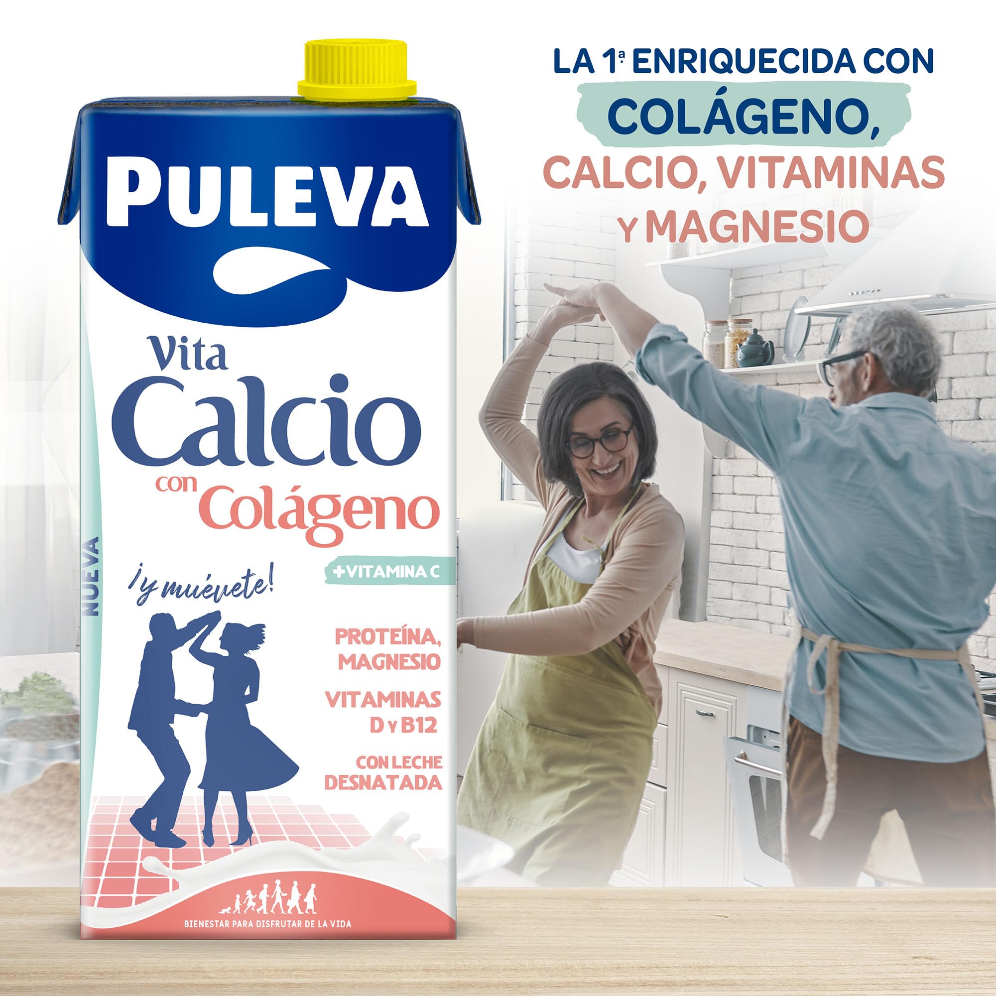 Puleva Vita Calcio Leche Desnatada con Colágeno, Vitaminas C, B12, Calcio y Magnesio Pack 6x1L