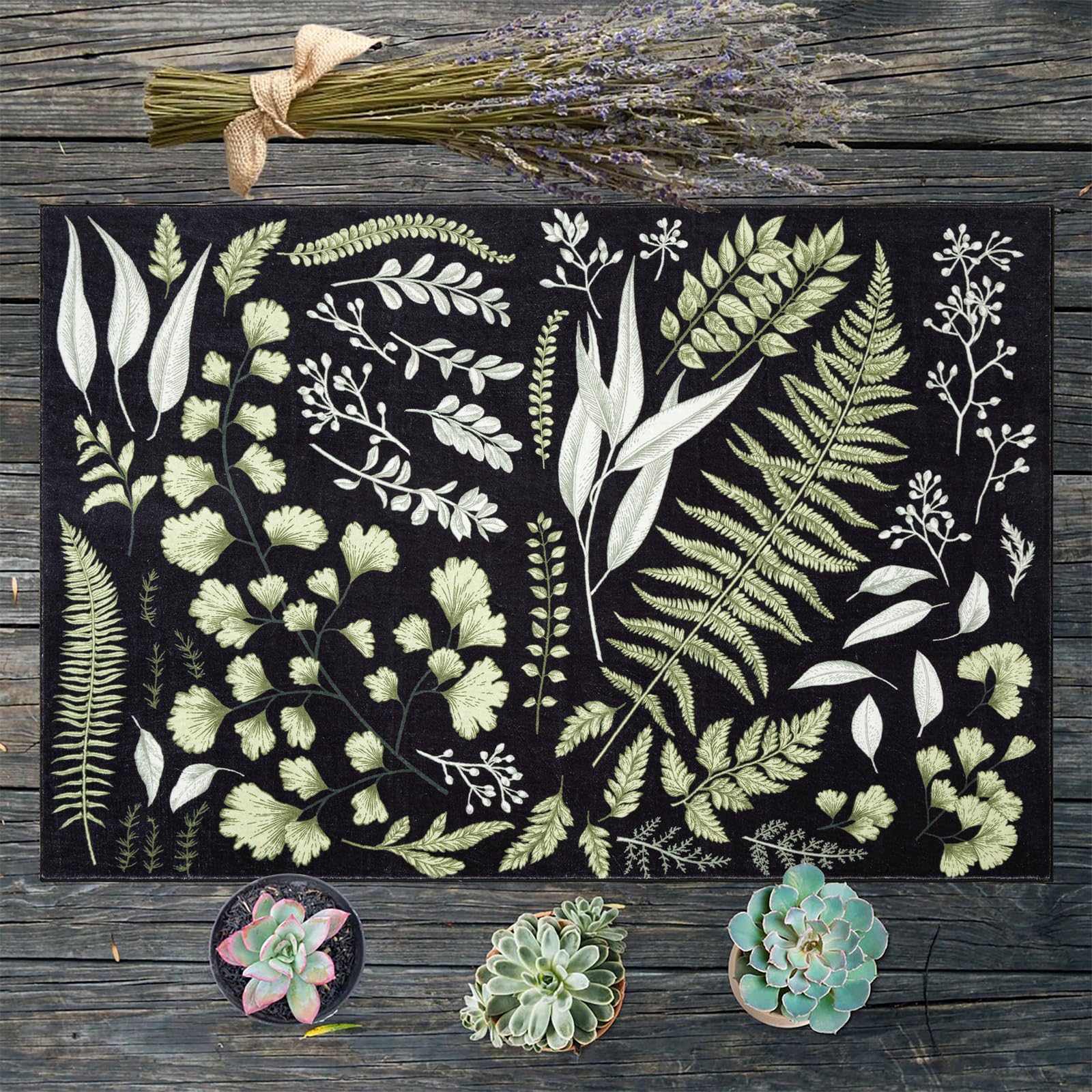 Estmy Black Botanical Rug, Ultra Thin Stain Resistant 5x7 Area Rug Washable, Vintage Natural Fern Eucalyptus Floral Accent Aesthetic Carpet for