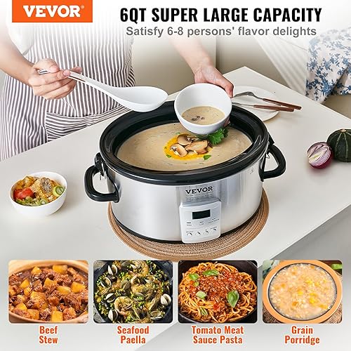 Miniatura 2 de VEVOR Olla de cocción lenta, olla eléctrica de cocción lenta de 6 cuartos de galón y 240 W con ajustes de calor de 3 niveles, ollas lentas digitales
