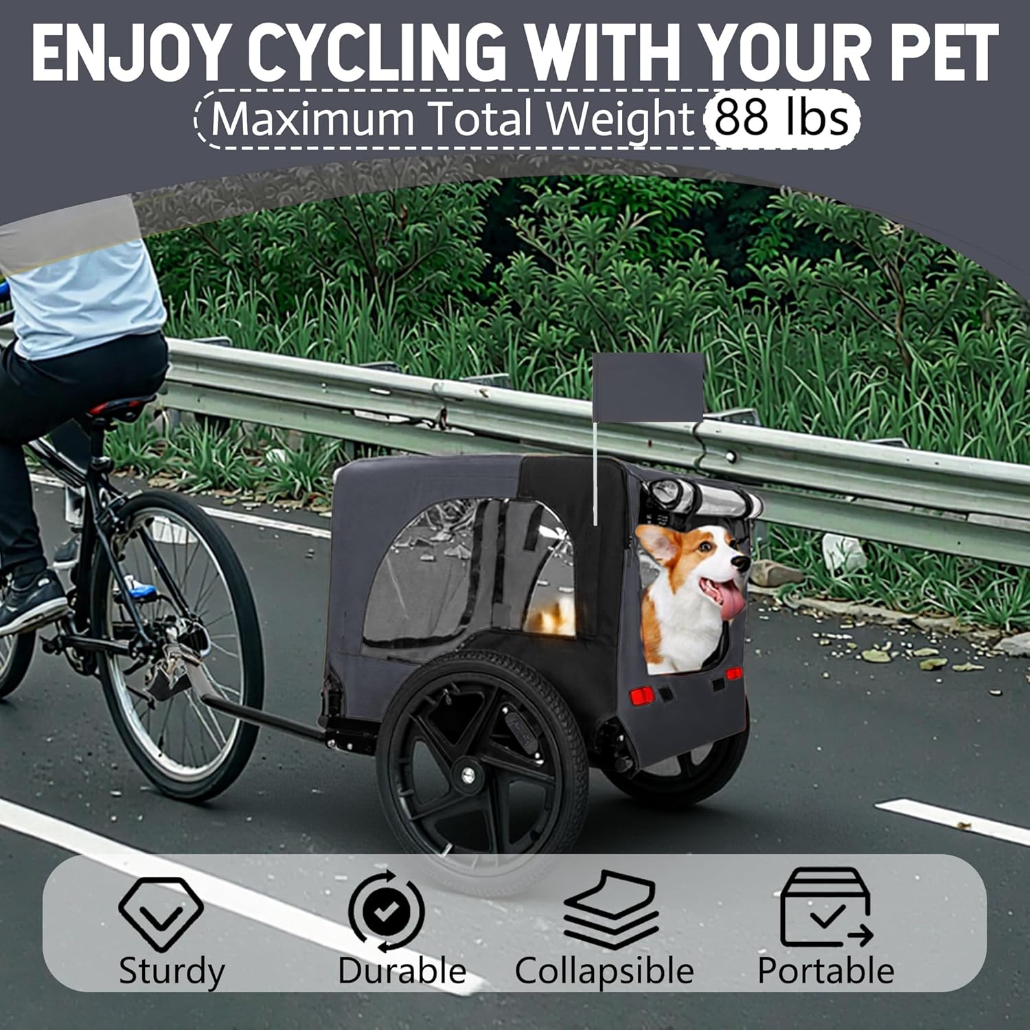 Foldable Pet Bike Trailer w/16 All-Terrain Wheels,Universal Hitch&Safety Belt.Waterproof Cover,mesh Ventilation,Crash Guard&Reflective Strips for Safety.Dog/Cargo Carrier Cart