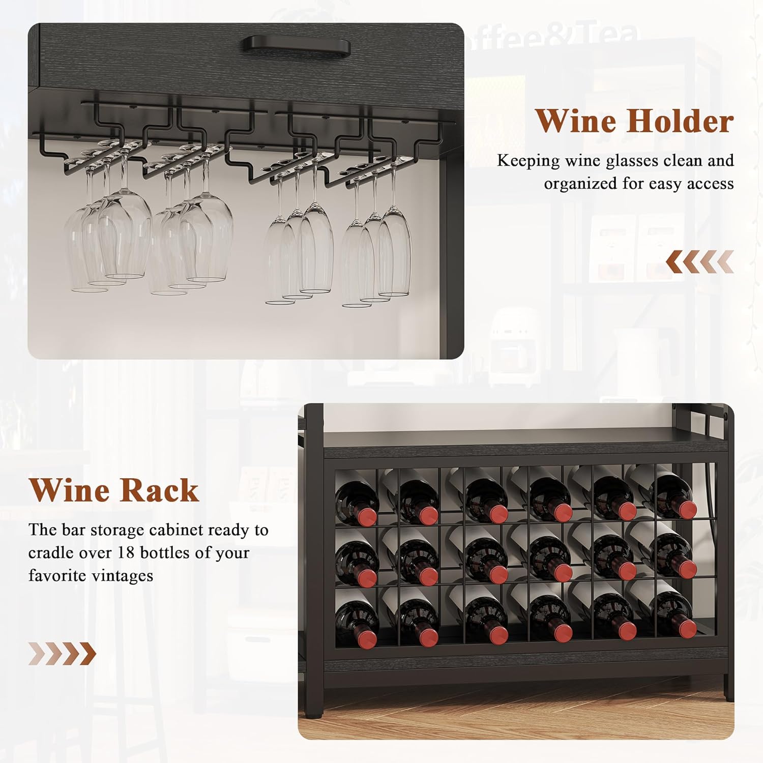 Semoic 65.35'' Bakers Rack with Power Outlet - Large Microwave Stand Kitchen Storage Cabinets with Drawer, Coffee Bar Organizer, Industrial Wine Bar Cabinet LED Light,10 Display Shelves, Black (Black)