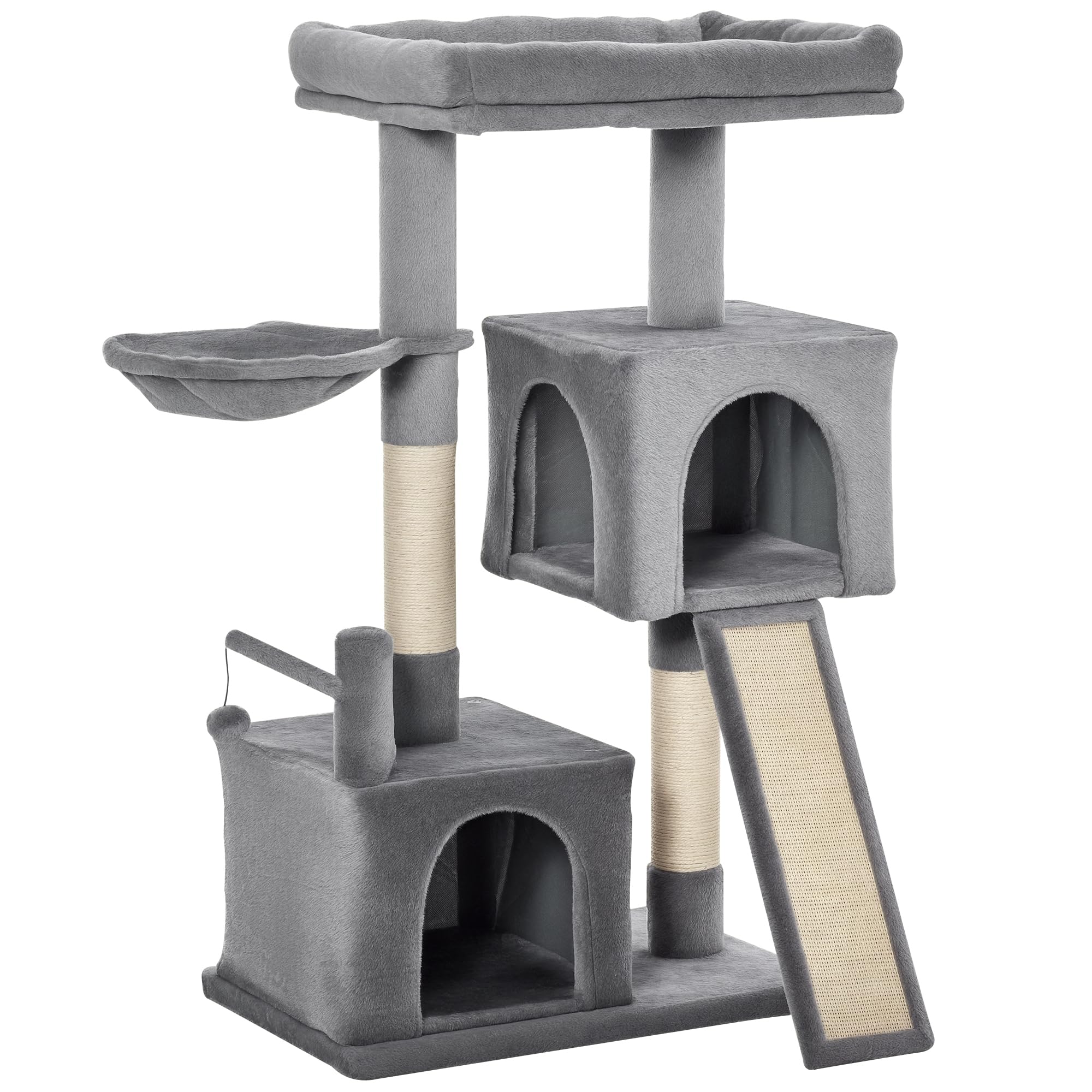 PawHut 111cm Cat Tree Tower for Indoor Cats, Cat Activity Centre with Scratching Posts and Pad, Hammock Condo Bed, Hanging Ball Toy, Grey