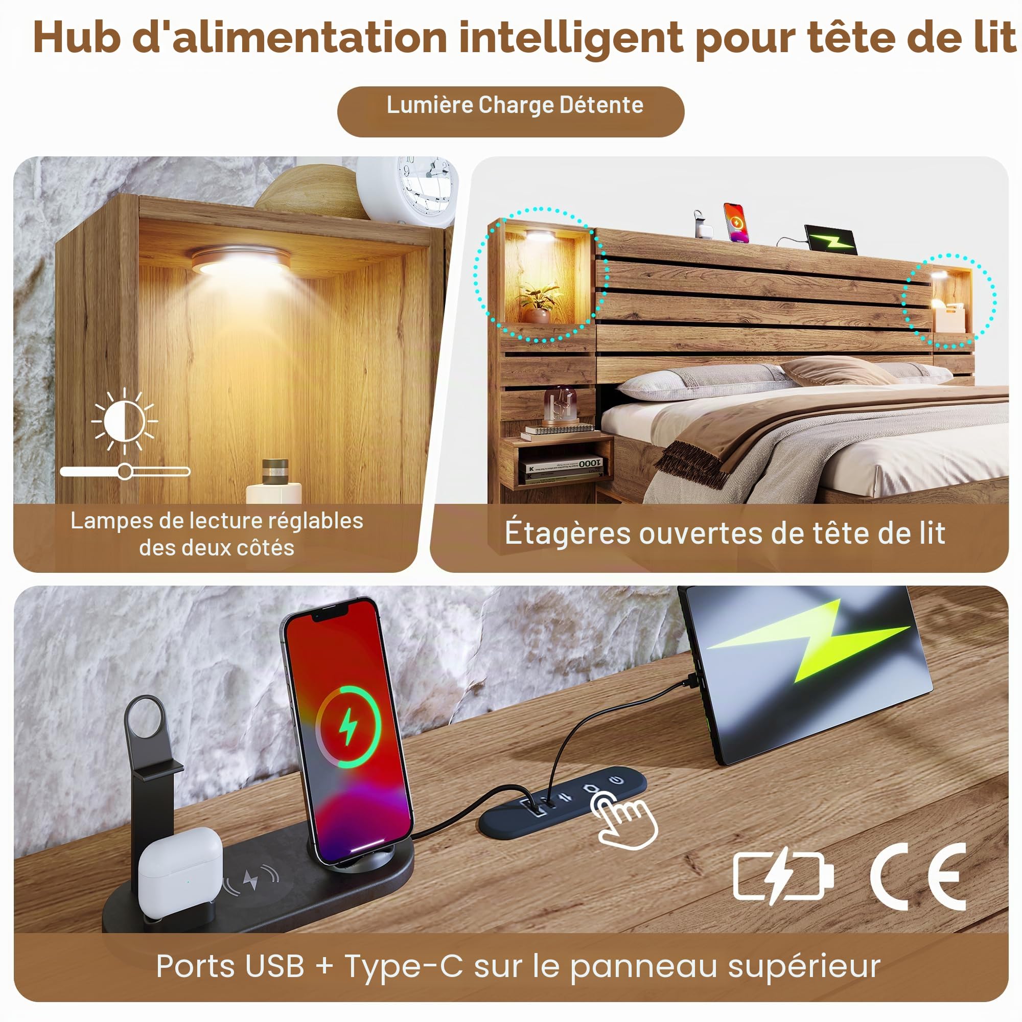 Lit 160x200 cm avec Rangement,Lits et Cadre de Lit pour Adulte Bois avec 4 Tiroirs,Tables de Chevet Suspendues,LED et USB Type-C,Lit Double Aspect chêne(sans Matelas)
