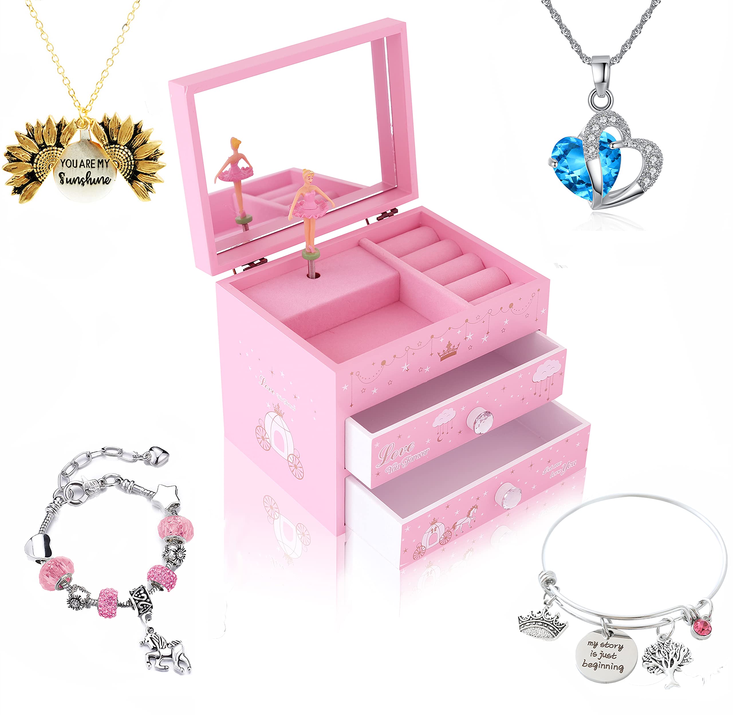 ZOOWING Girls Musical Jewelry Box Toys Gifts with Full Size Mirror and Unicorn Jewelry Set (A-Princess2)