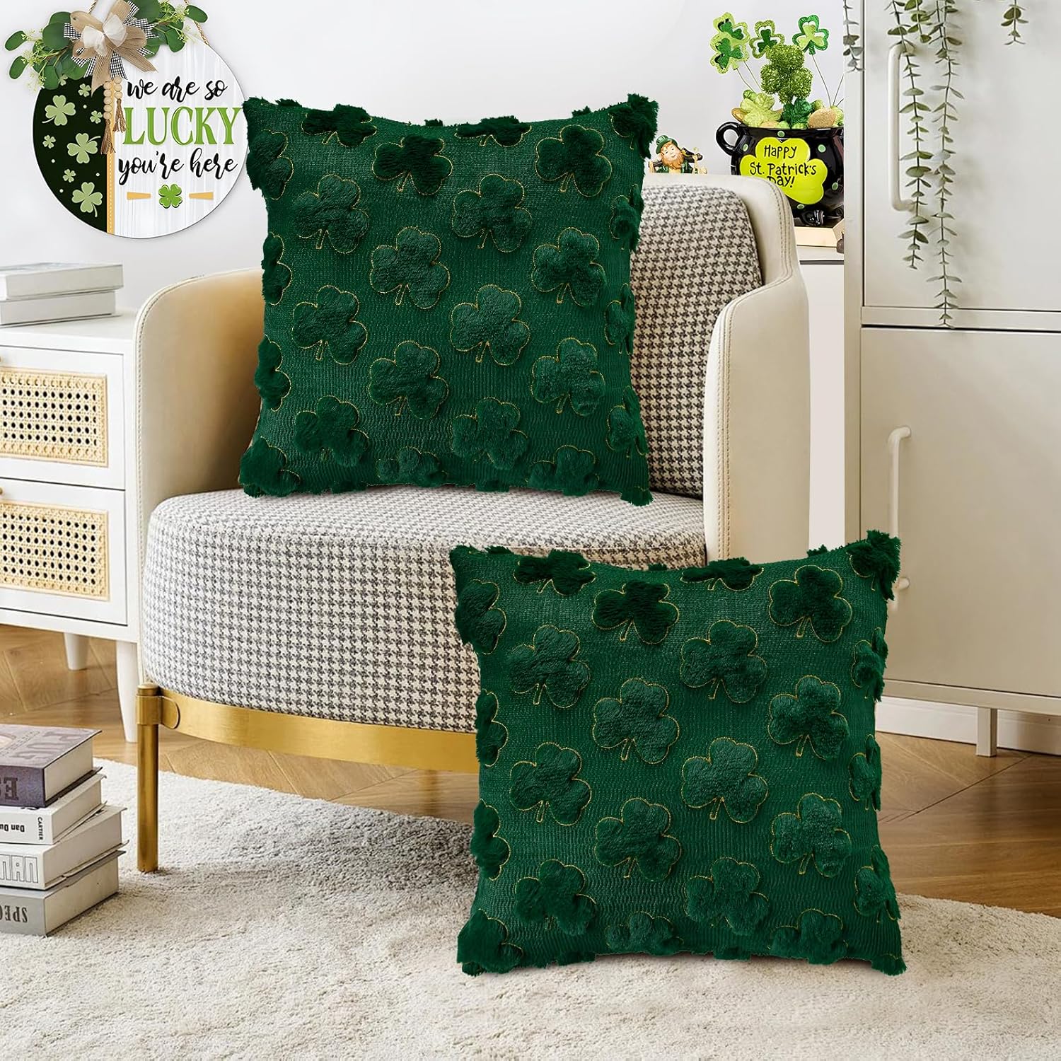 St Patricks Day Decorations St Patricks Day Pillow Covers 18x18 inch Set of 2 Shamrock Shaped Pattern Faux Fur Soft Plush Home Decor Throw Pillows Case for Indoor Outdoor Sofa Bedroom Living Room - Image 4