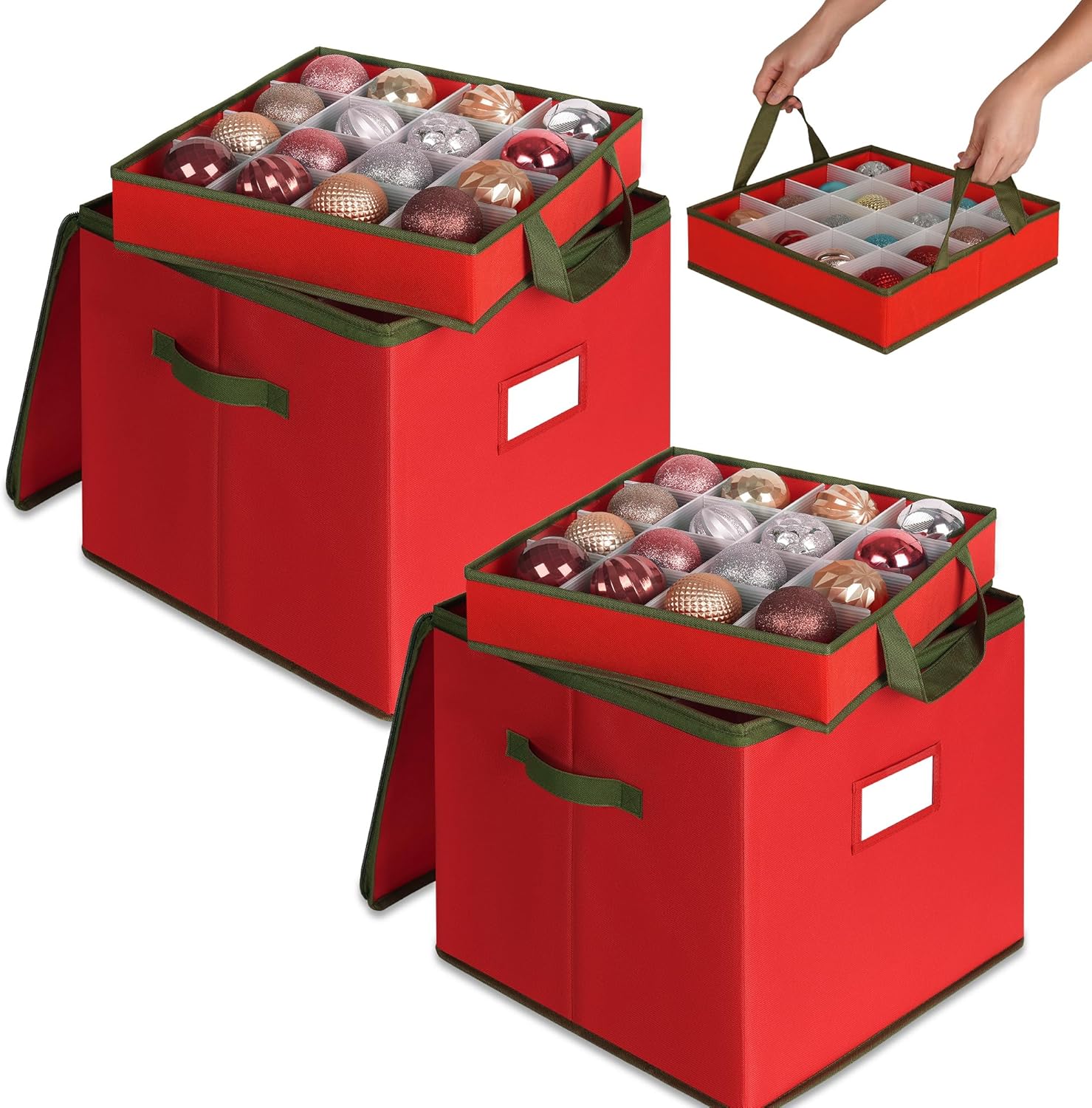 2 Pack Christmas Ornament Storage Box, Ornament Storage Include 8 Trays with Adjustable Dividers, Ornament Organizer with Handle Store Up to 128 Holiday Ornaments, Red