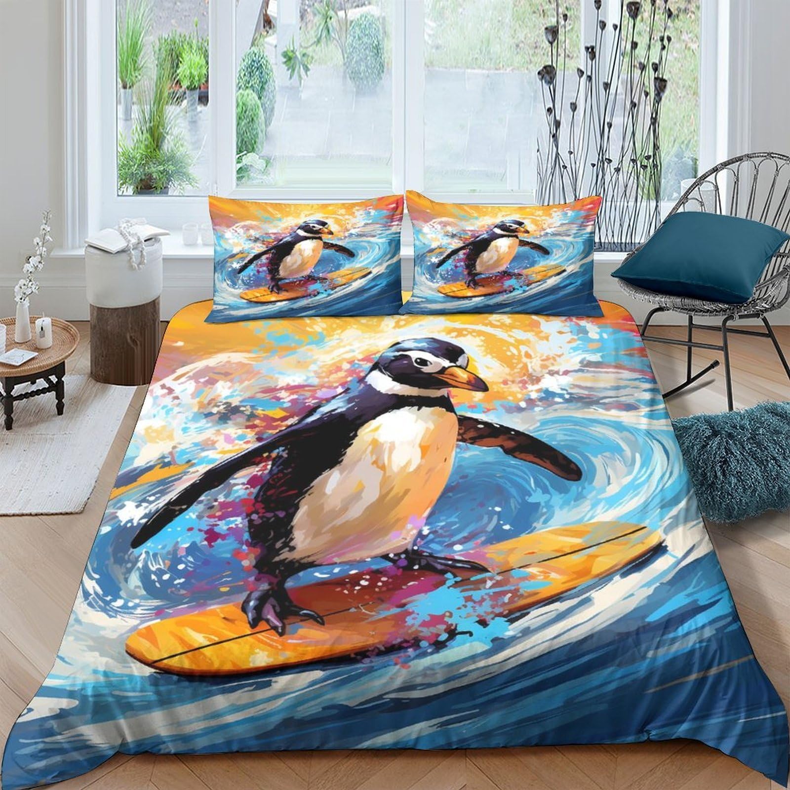 Ctjqhvkz Style-3 3D Printed Surfing Penguin Fitted Sheet Microfiber Soft Blue Ocean Wave Mattress Cover For Bedroom Guest Room Single（135X200cm）