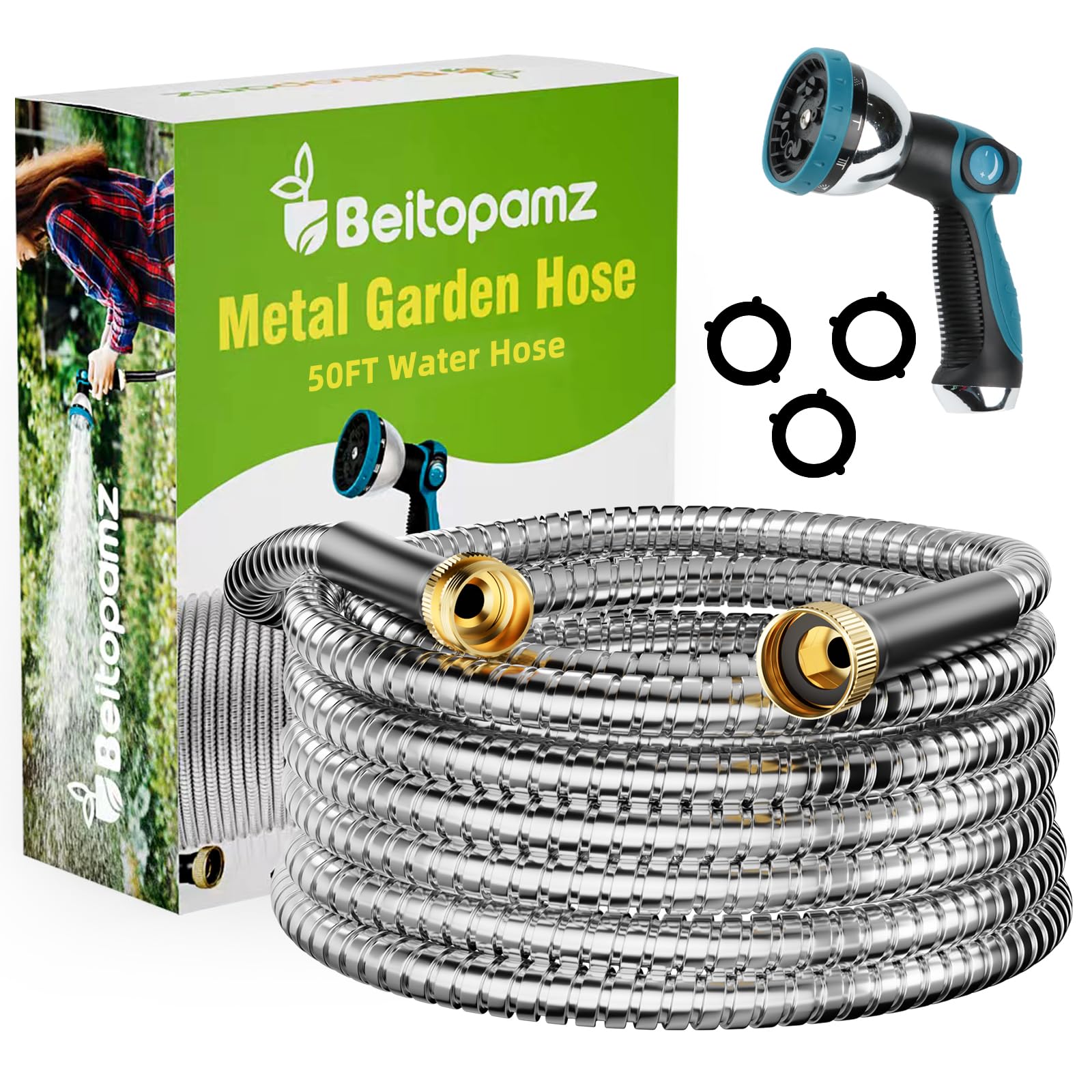 Beitopamz Garden Hose 50 ft, Stainless Steel Metal Water Hose 50 Feet with Nozzle, Flexible, Rust Proof, No-Kink, Heavy Duty, Leakproof 3/4 in Fittings, Lightweight Metal Hose, BT50S Model