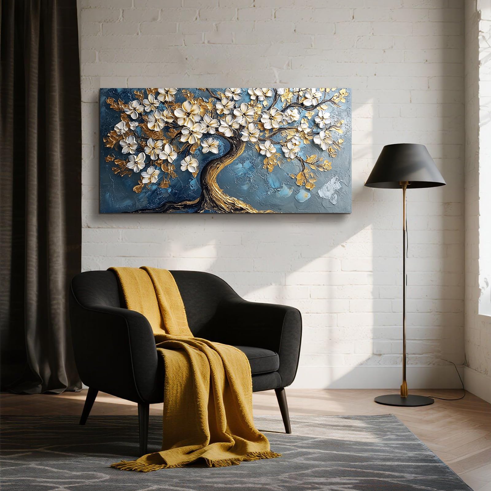 JHHUAMO Leinwand Bilder Groß, Modernes Wohnzimmerbilder, Weiße Blumen auf dem Baum des Lebens Ölgemälde, Wanddekoration Ästhetisches für Schlafzimmer Büro Treppe Esszimmer Arbeitszimmer Flur 73x146 cm