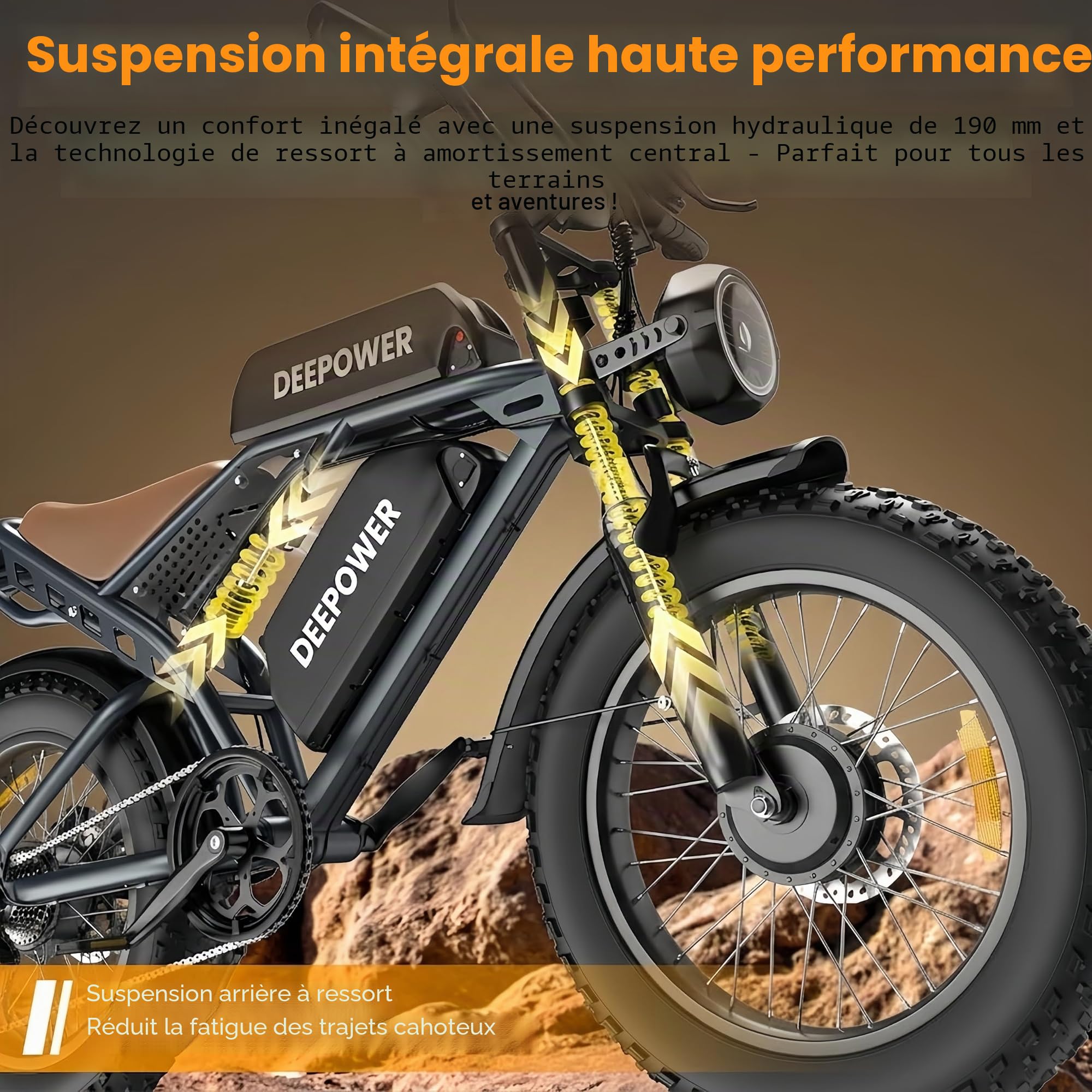 DEEPOWER S8 Vélo Électrique À Double Moteur, Batterie Amovible 48V 60Ah, Autonomie De 120‑250KM, Pneus Larges 20", 7 Vitesses, Suspension Intégrale, Freins Hydrauliques, VTT Électrique