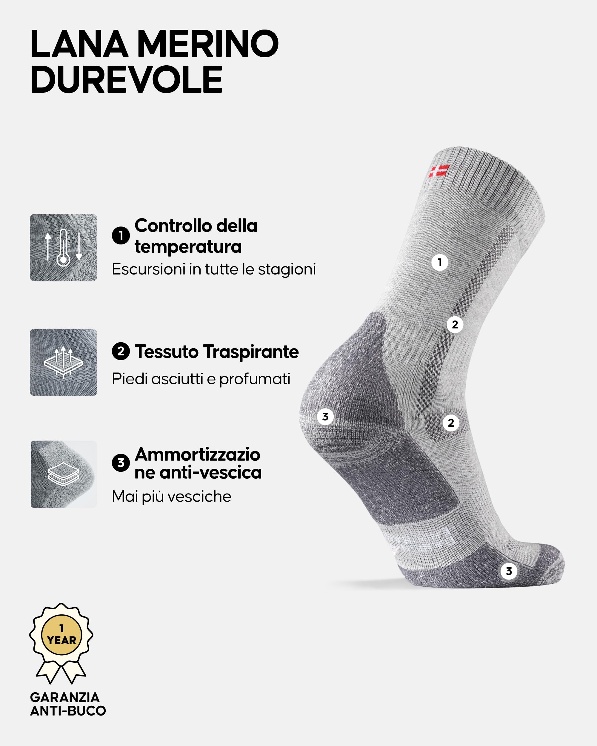 DANISH ENDURANCE Calze Trekking in Lana Merino, Anti-Vescica, Calzini Escursionismo da Uomo, Donna, Bambino, 3 Paia