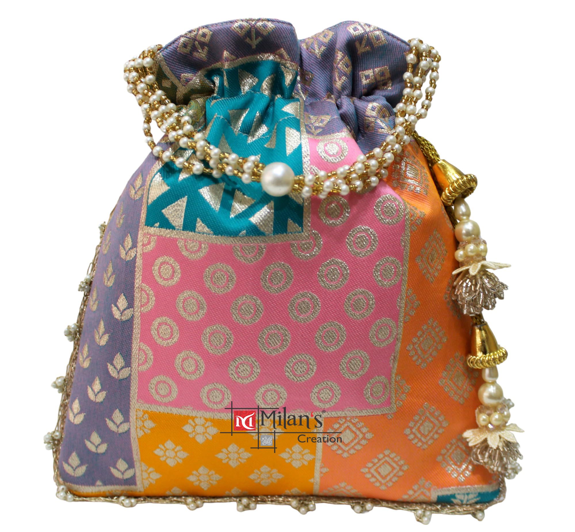 MILANS CREATION Designer Potli Bag Multi-color With Pearl Handle & Tassel Ethnic Wedding Purse Women’s Handbag (Pink) (Multicolor- Yellow) (B0CTFJSCQ8) Amazon Price History, Amazon Price Tracker