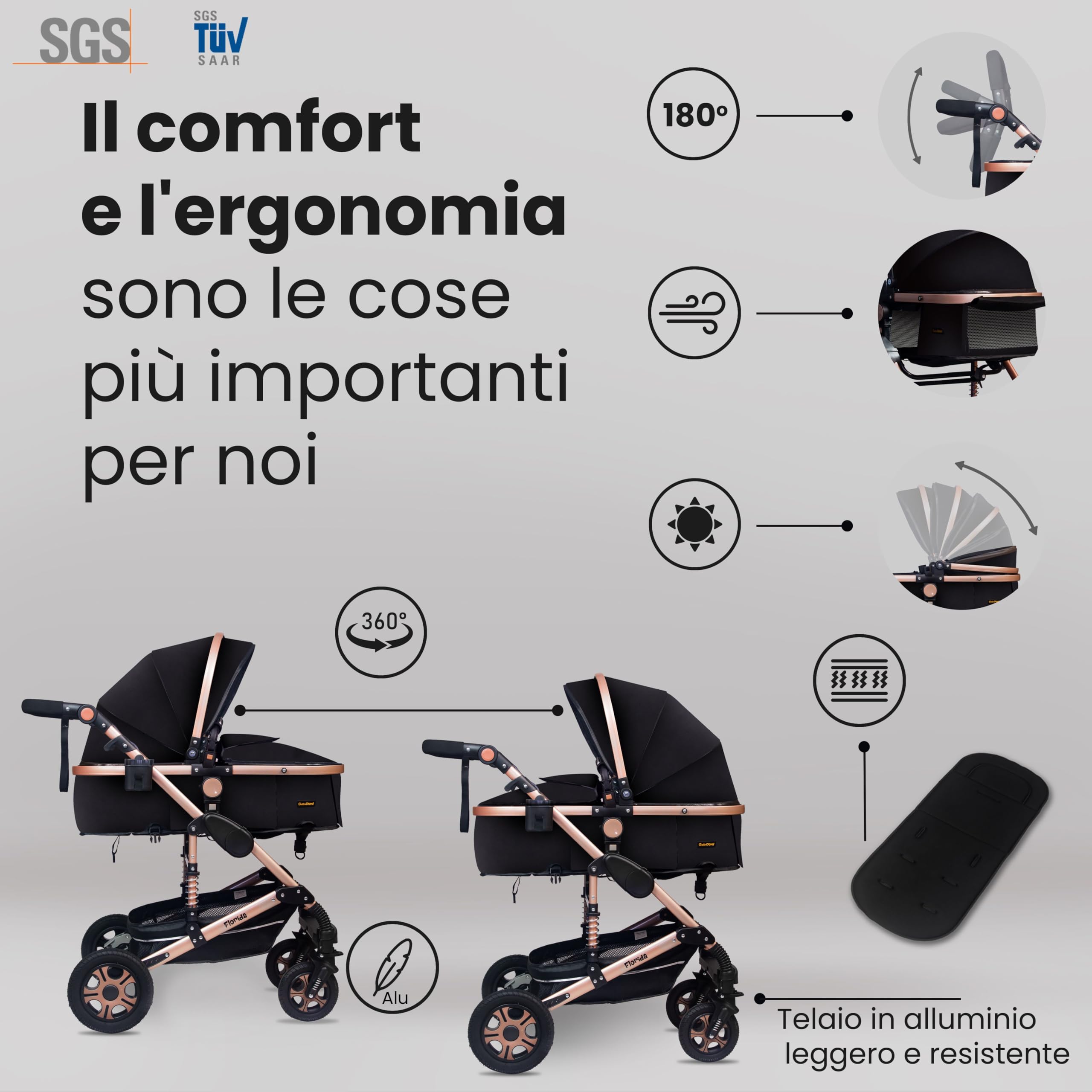 GaGaDumi Florida 3 in 1 Passeggino Trio, Carrozzina, Seggiolino Auto, Pieghevole, 0-36 mesi, Nero/Oro